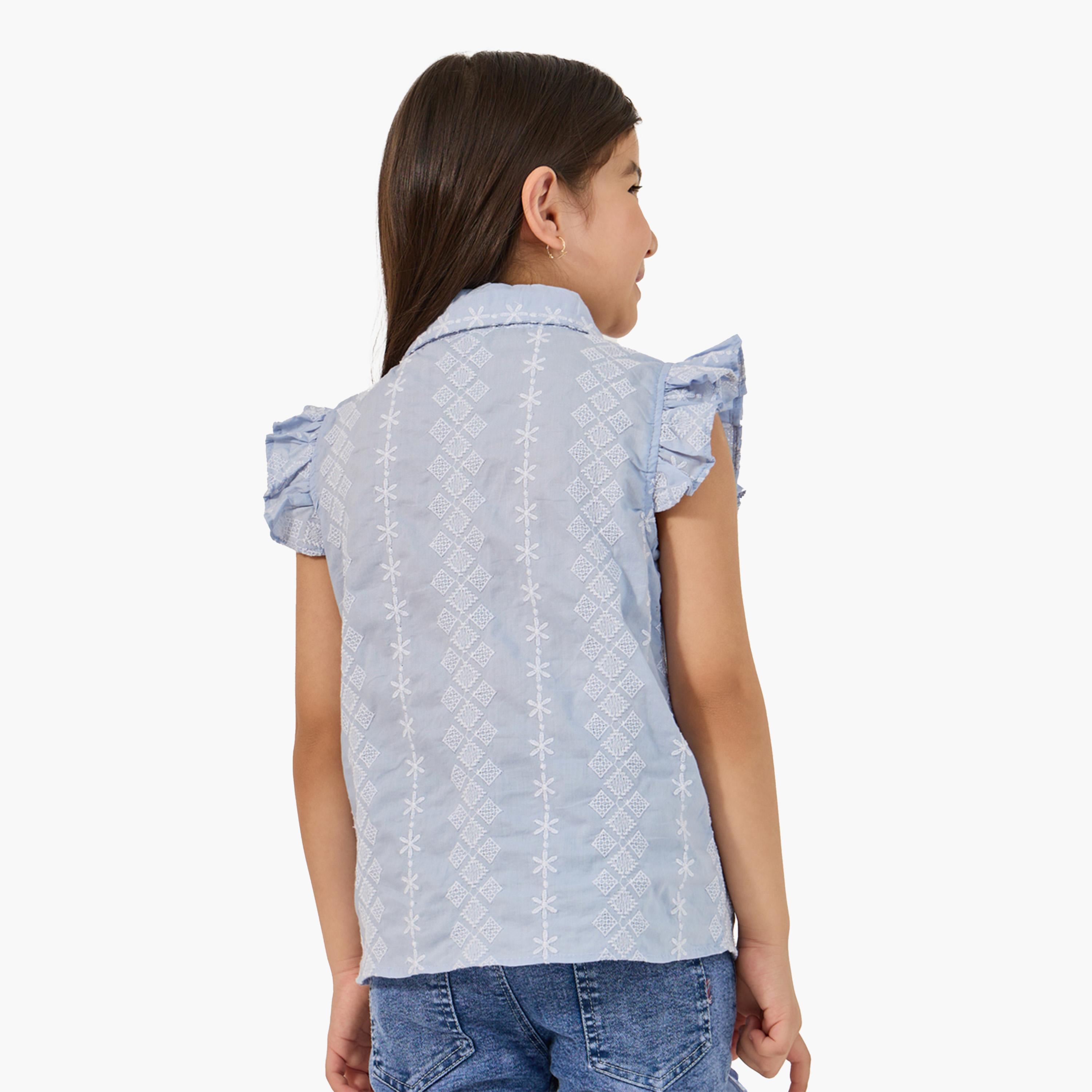 Styli Schiffli Frill Sleeve Shirt with Tie Up Detail-girls-clothing-blousesandshirts-image-4