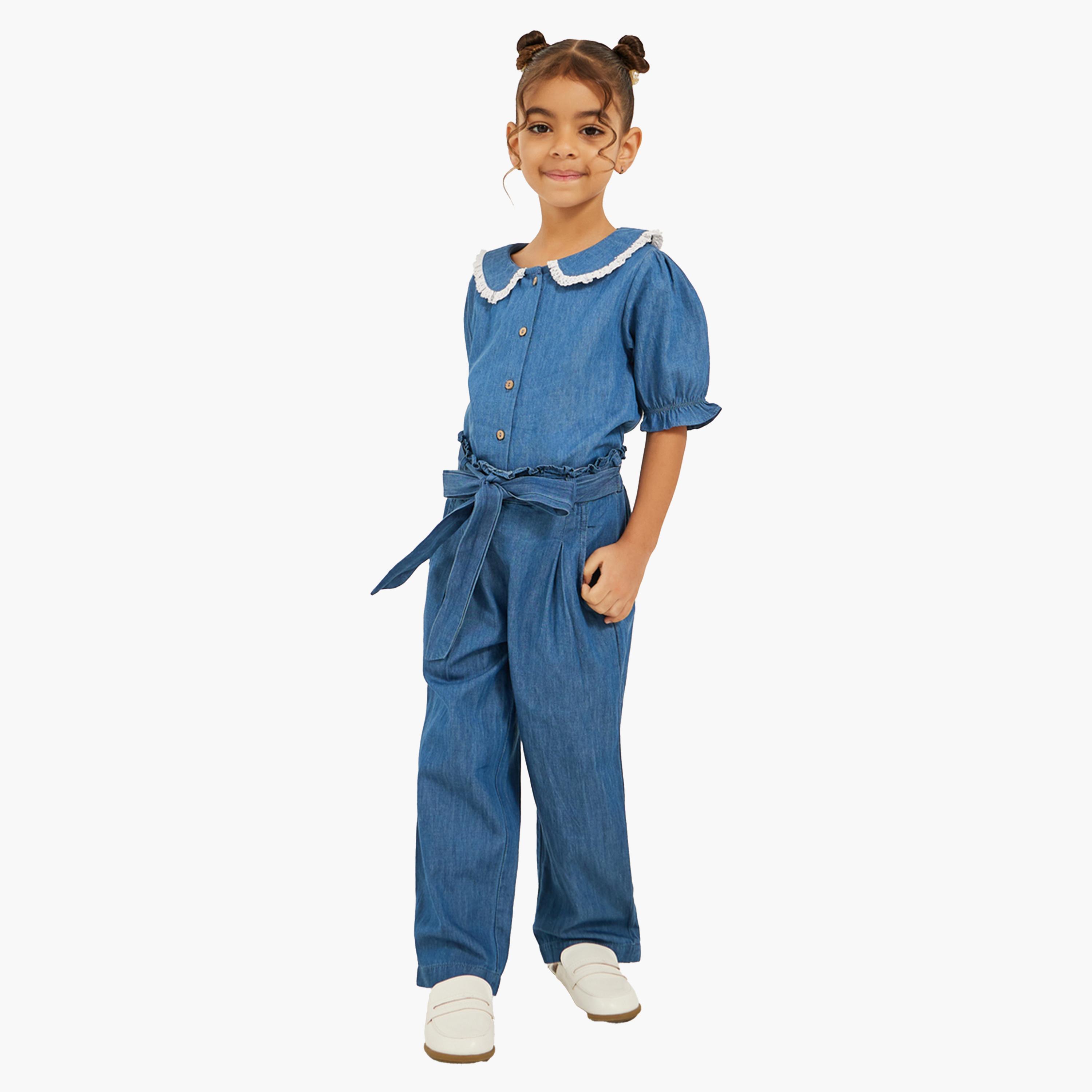 ستايلي - قميص جينز بياقة بيتر بان مع تفاصيل دانتيل-girls-clothing-blousesandshirts-image-2