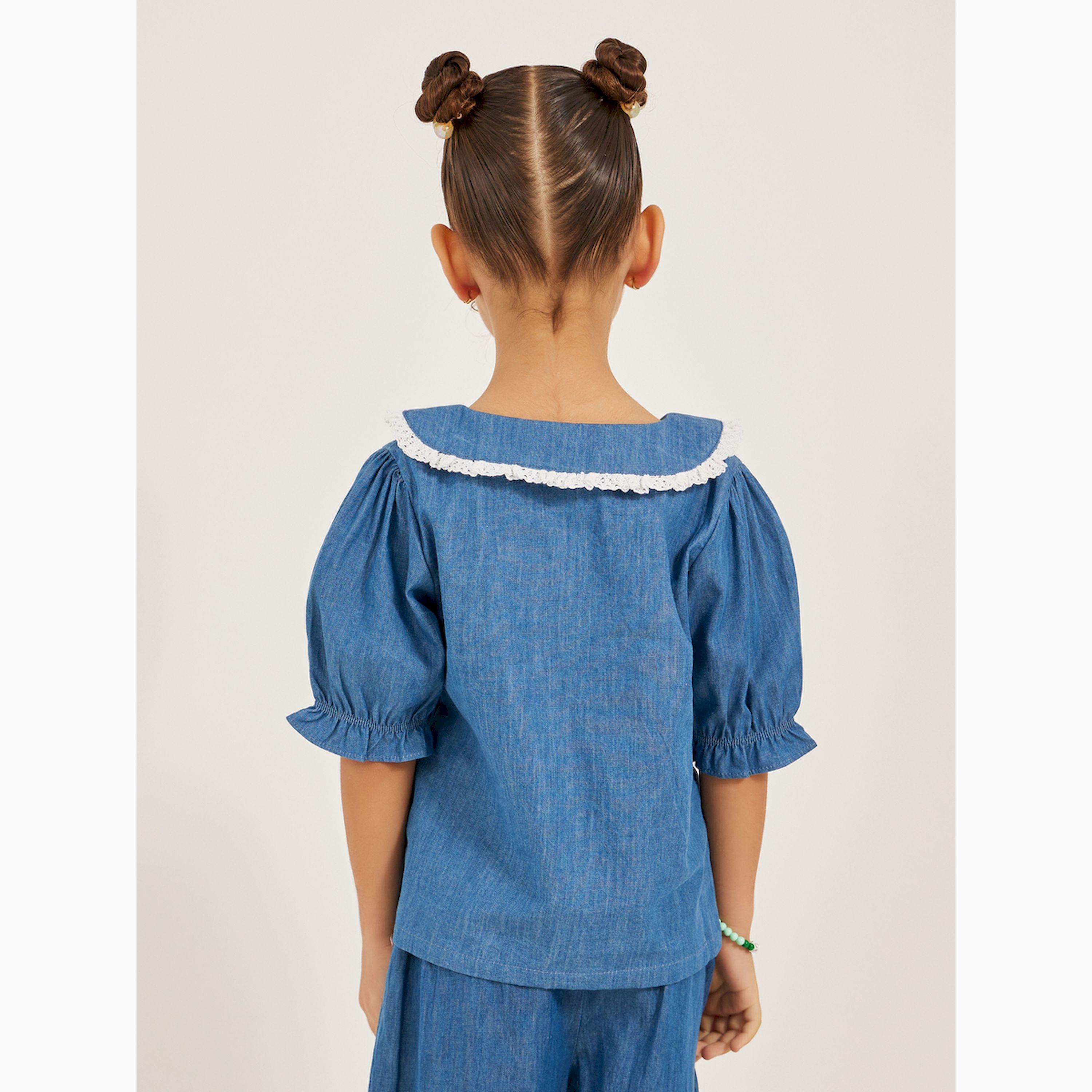 ستايلي - قميص جينز بياقة بيتر بان مع تفاصيل دانتيل-girls-clothing-blousesandshirts-image-4