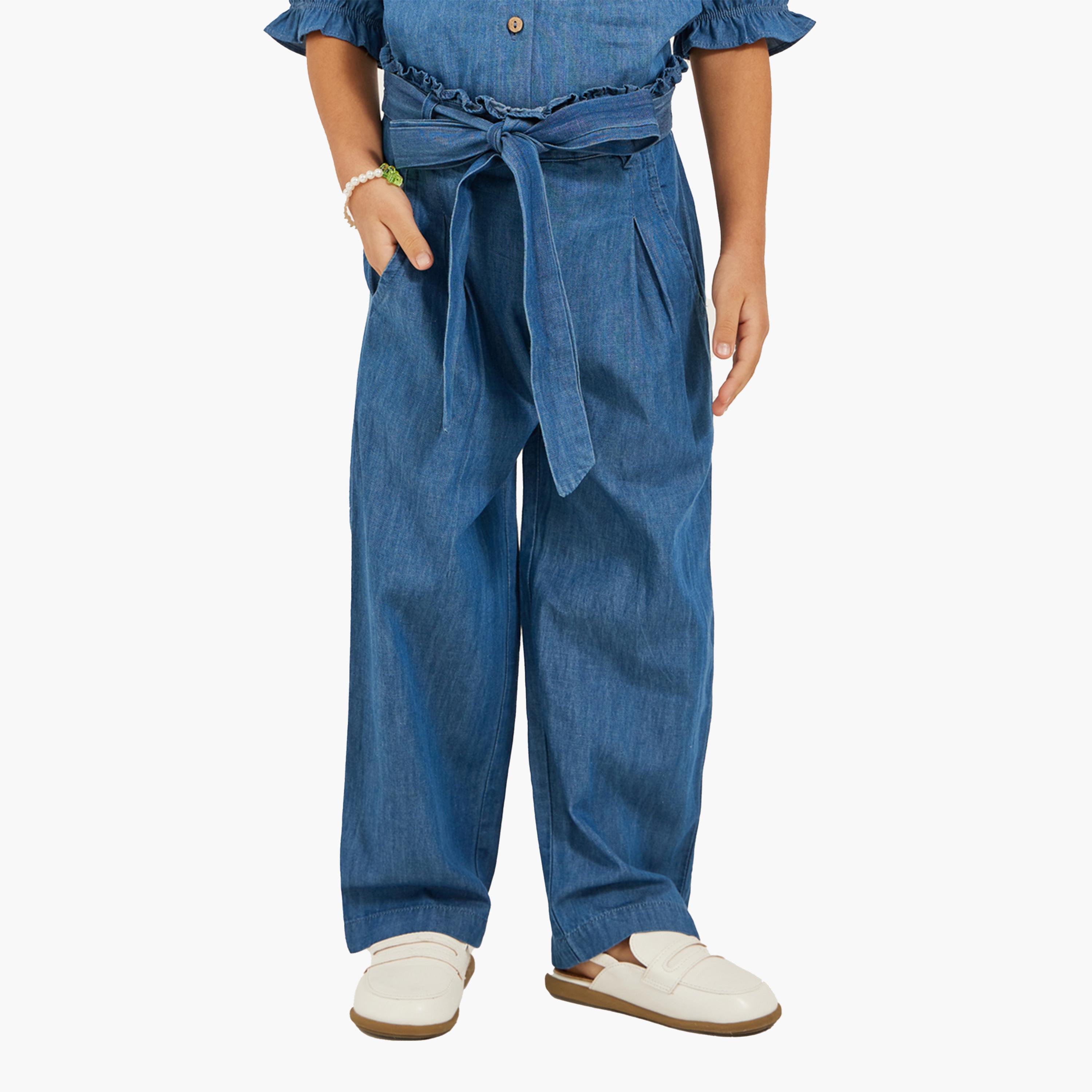 Styli Solid Denim Culotte Pants with Tie-Up Detail-girls-clothing-bottoms-trousers-image-1