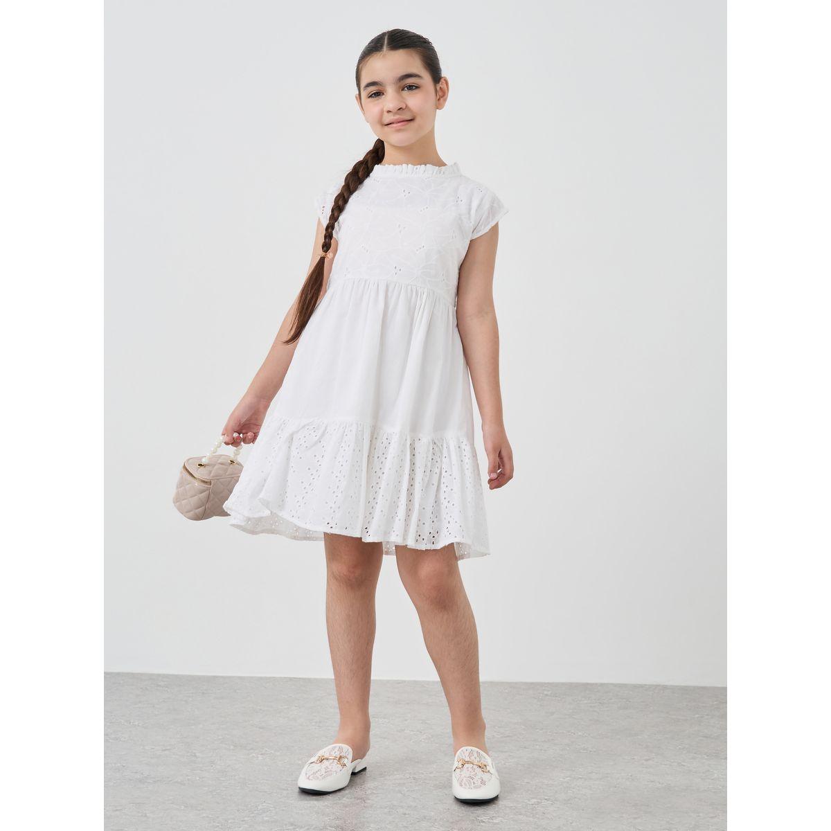 Styli Girls Schiffli Cap Sleeves Dress with Ruffle Trim-girls-clothing-dressesandjumpsuits-image-1