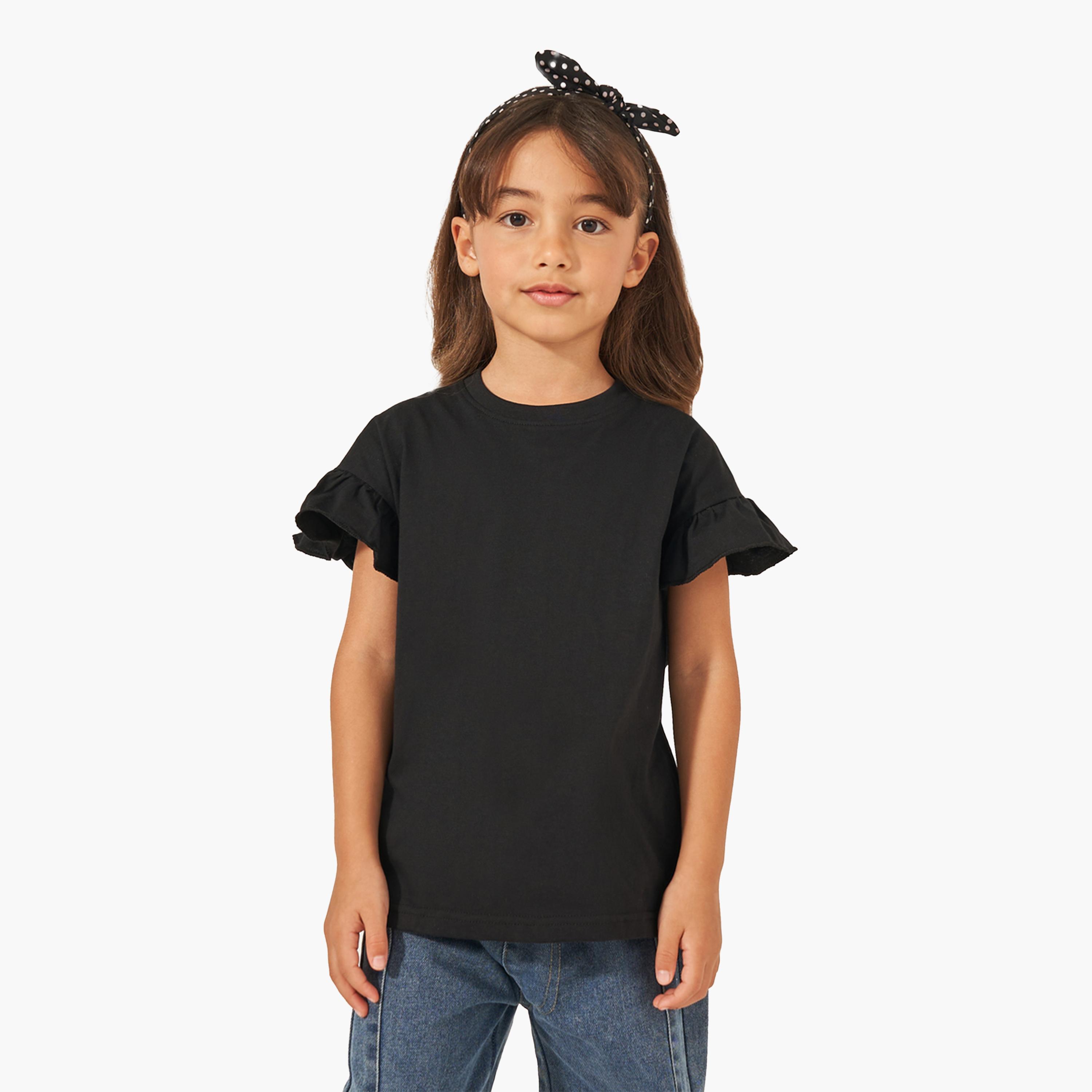 Styli Solid Dropped Shoulder T-Shirt with Ruffled Detail-girls-clothing-tshirts-image-1