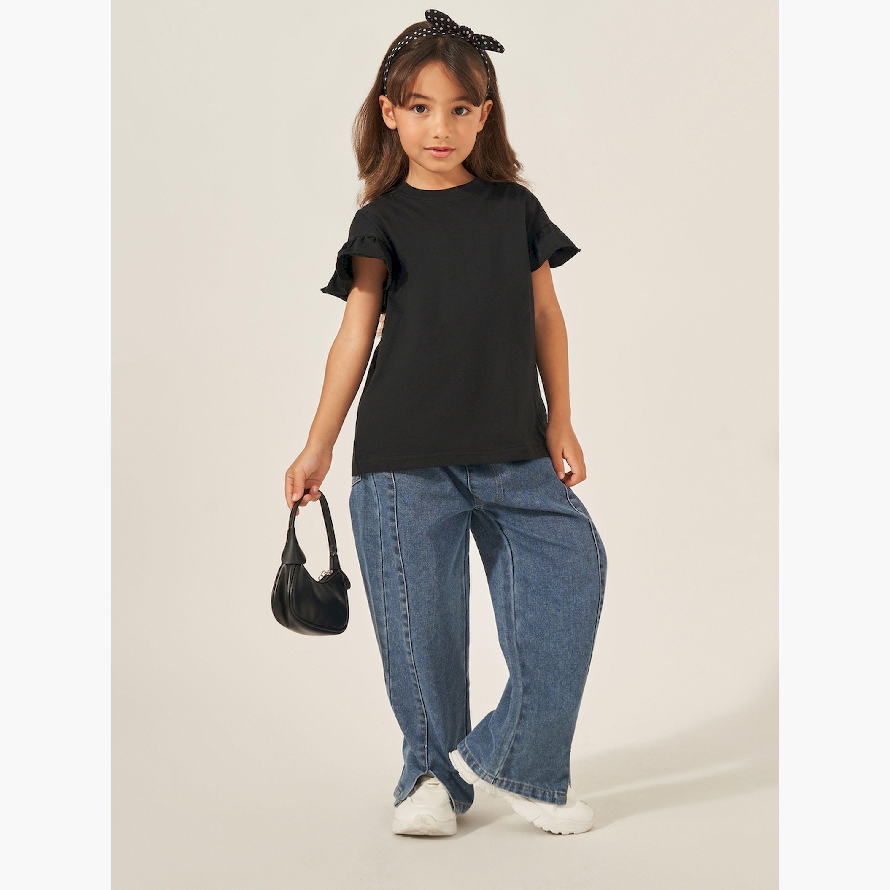 ستايلي - تي شيرت سادة بكتف منسدل وتفاصيل كشكشة-girls-clothing-tshirts-image-2