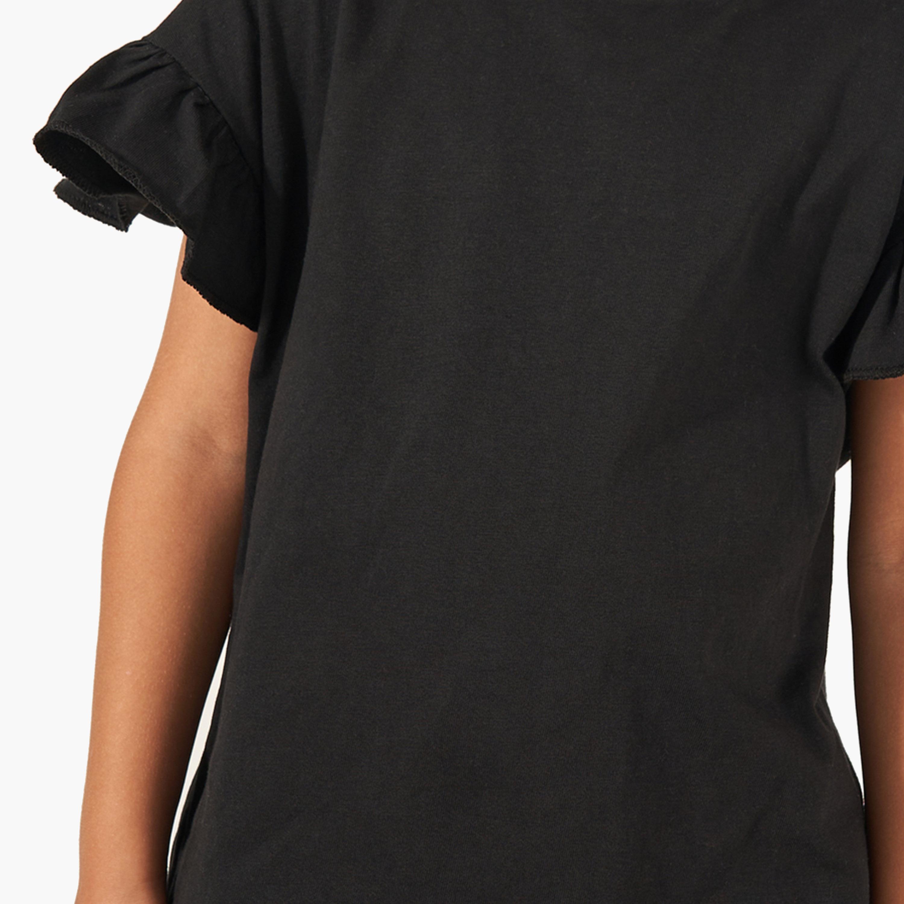 ستايلي - تي شيرت سادة بكتف منسدل وتفاصيل كشكشة-girls-clothing-tshirts-image-3