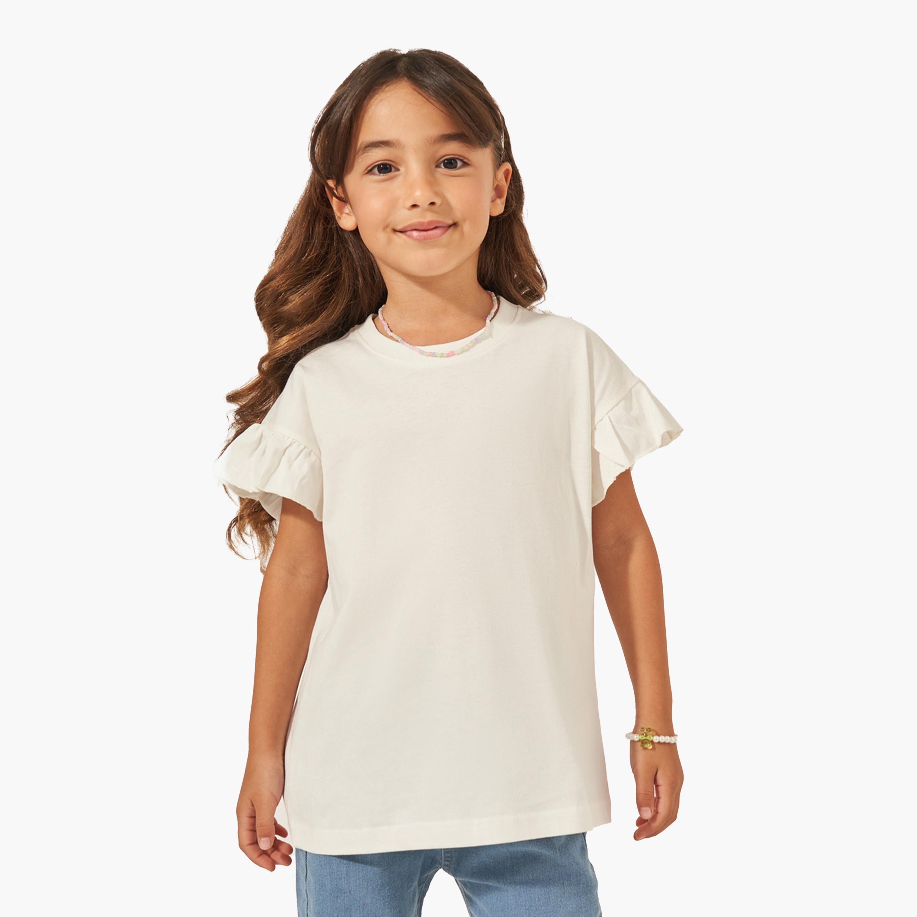 Styli Solid Dropped Shoulder T-Shirt with Ruffled Detail-girls-clothing-tshirts-image-1