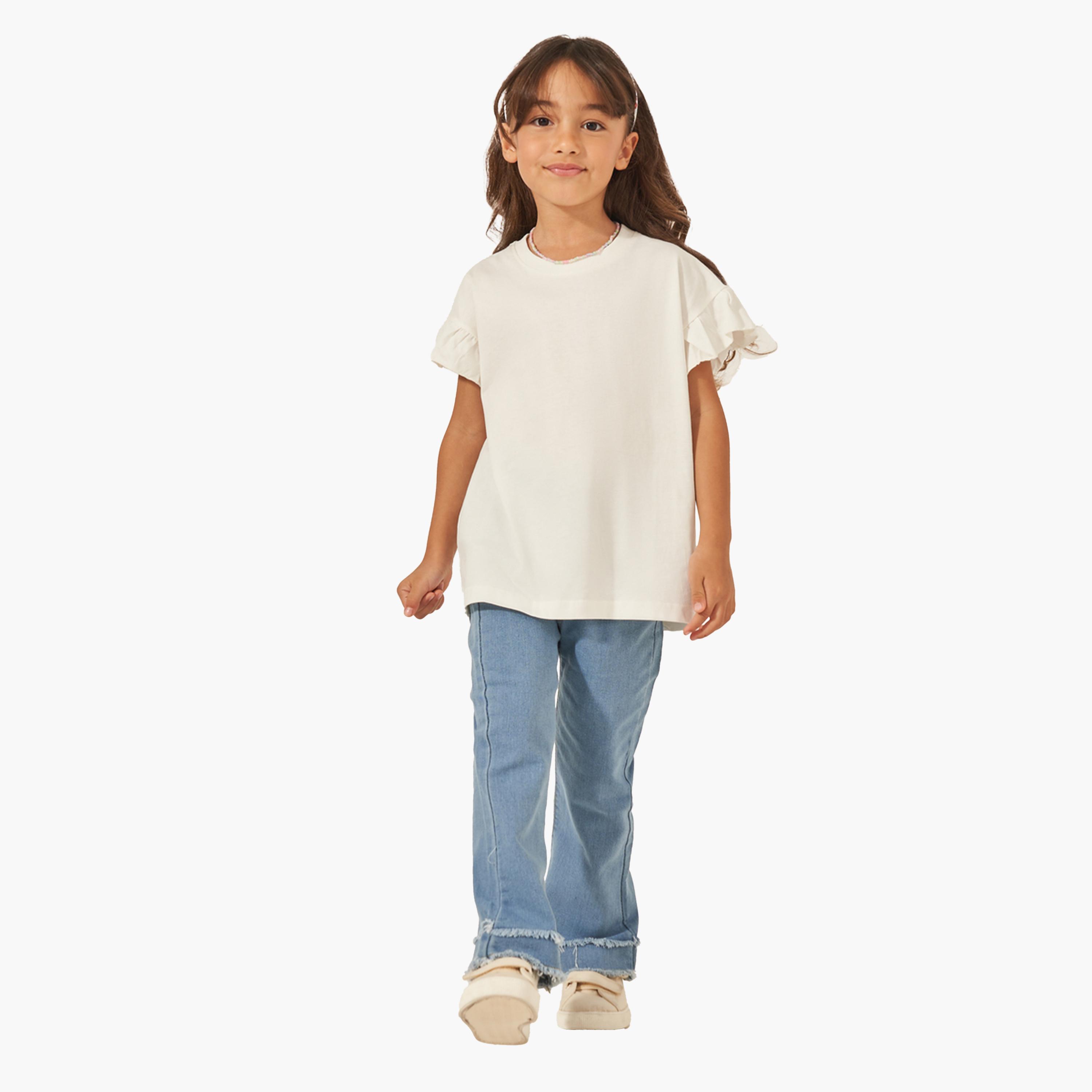 ستايلي - تي شيرت سادة بكتف منسدل وتفاصيل كشكشة-girls-clothing-tshirts-image-2