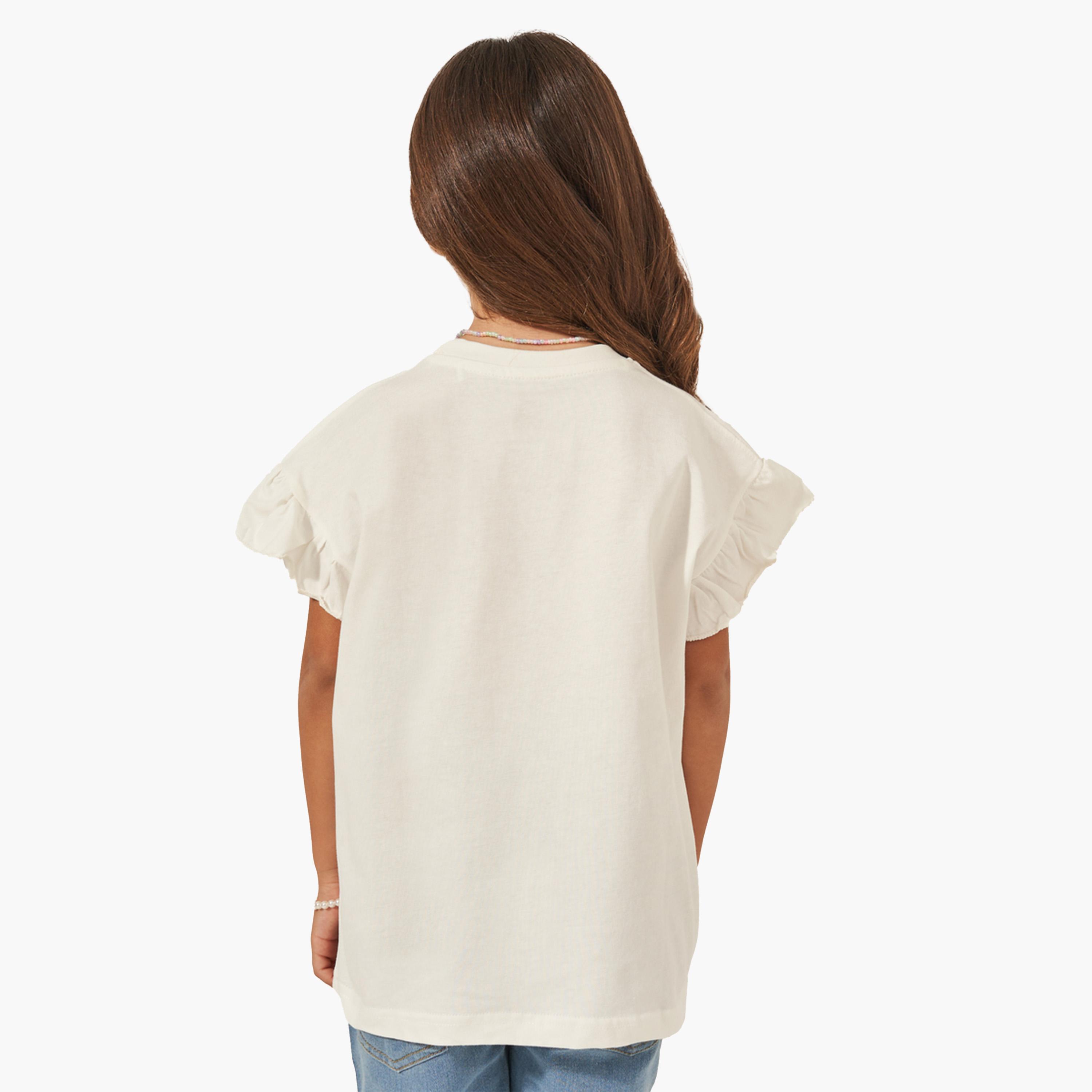 ستايلي - تي شيرت سادة بكتف منسدل وتفاصيل كشكشة-girls-clothing-tshirts-image-4