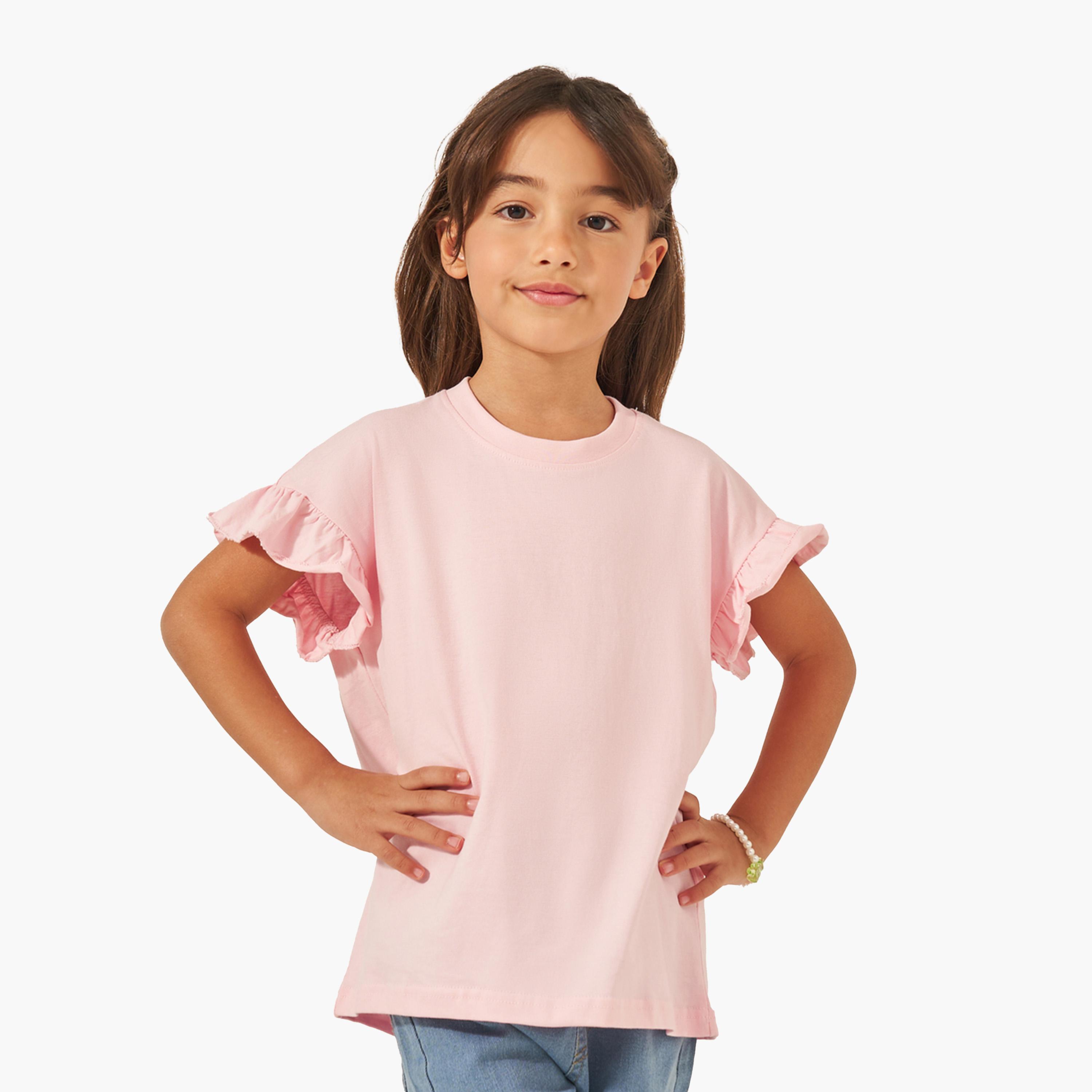 Styli Solid Dropped Shoulder T-Shirt with Ruffled Detail-girls-clothing-tshirts-image-1