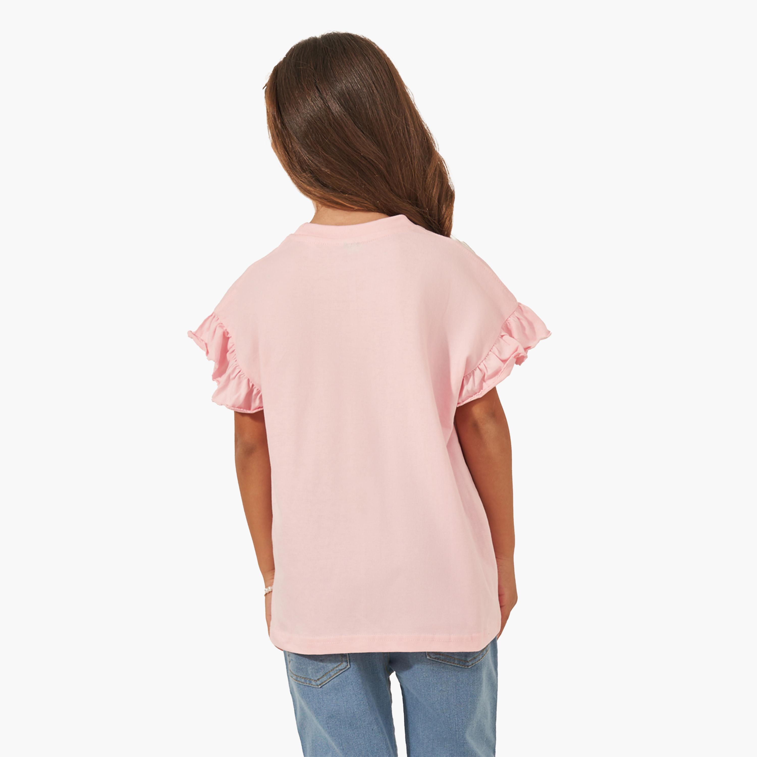 ستايلي - تي شيرت سادة بكتف منسدل وتفاصيل كشكشة-girls-clothing-tshirts-image-4