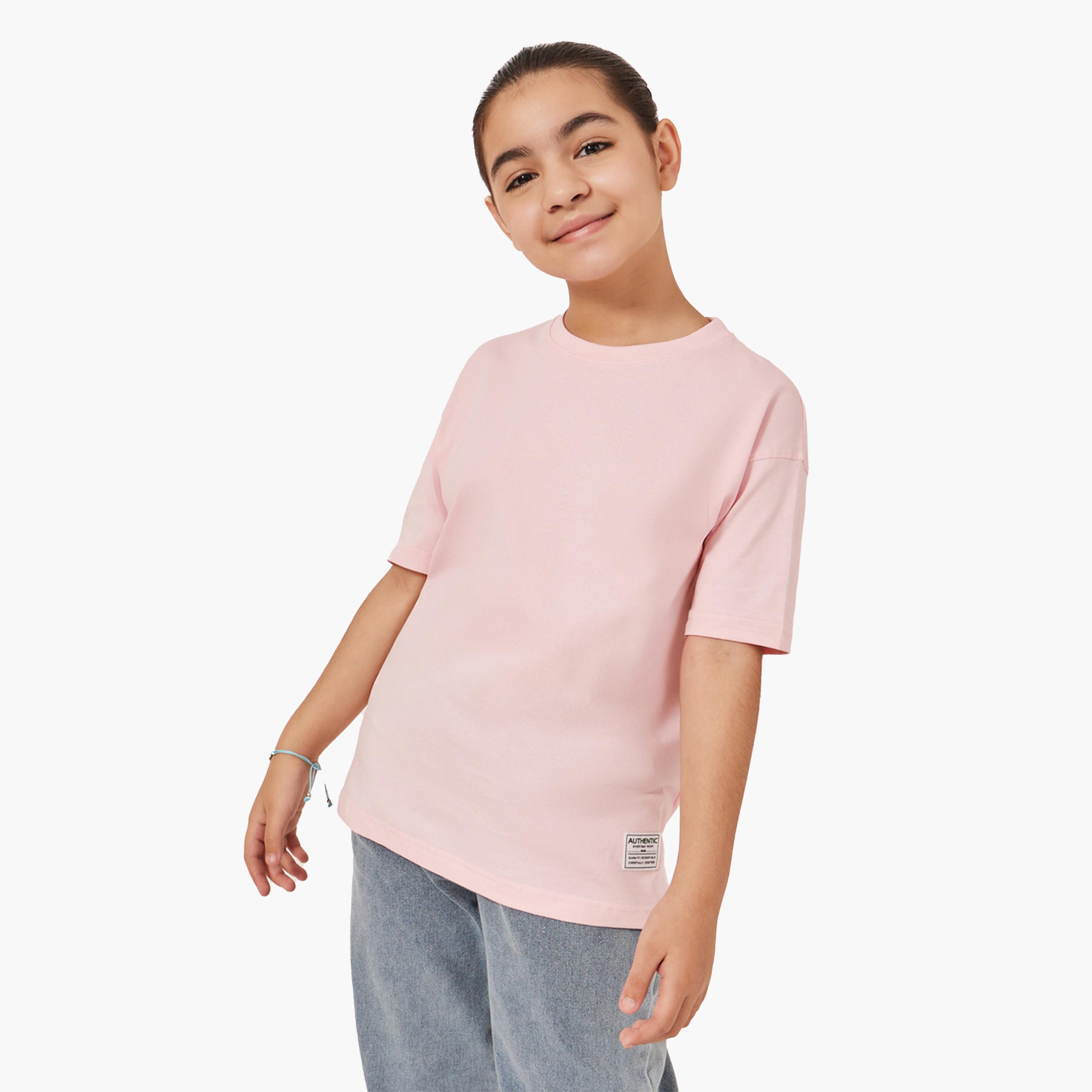 Styli Solid Oversized T-Shirt with Badge Detail-girls-clothing-tshirts-image-1