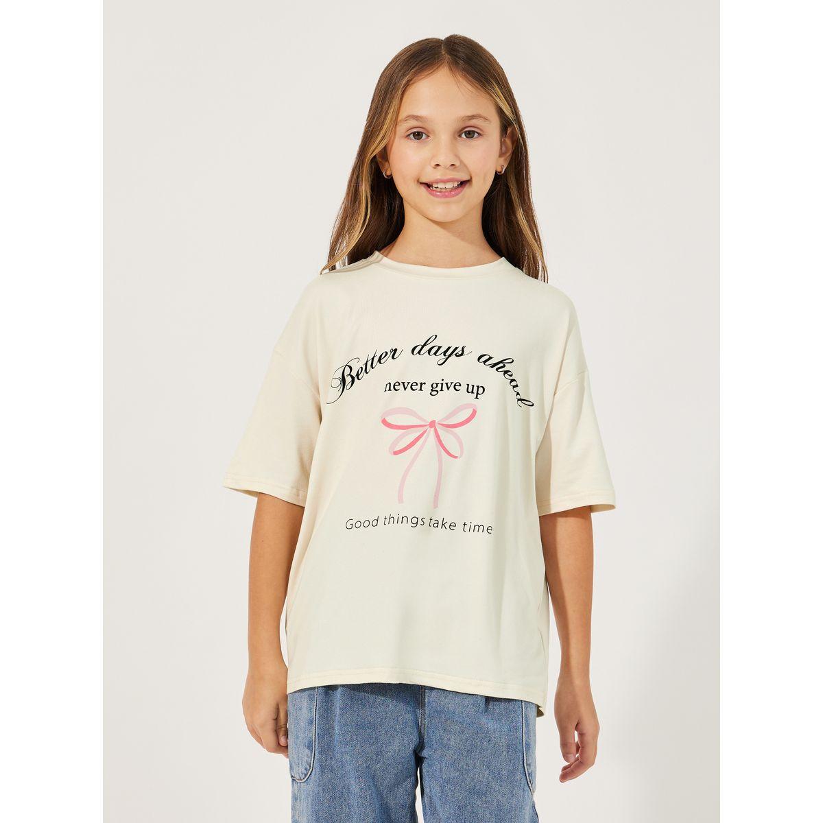 تيشيرت فضفاض بطبعة كتابة وياقة دائرية-girls-clothing-tshirts-image-1