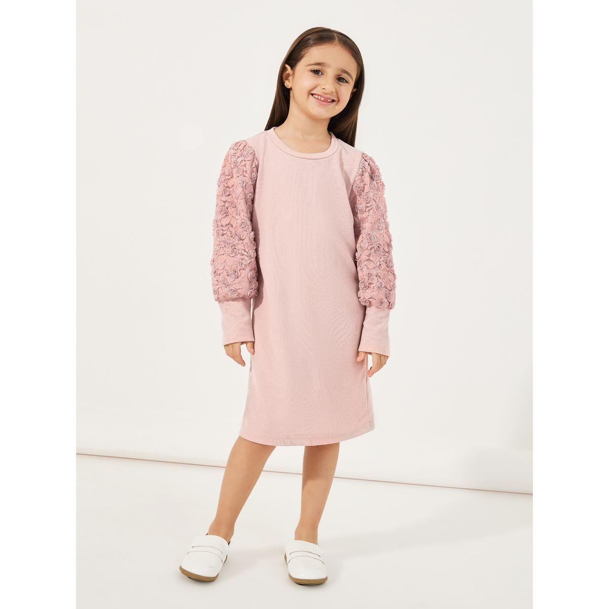 Styli Floral Lace Sleeve Rib Knit Knee-Length Dress-girls-clothing-dressesandjumpsuits-image-1