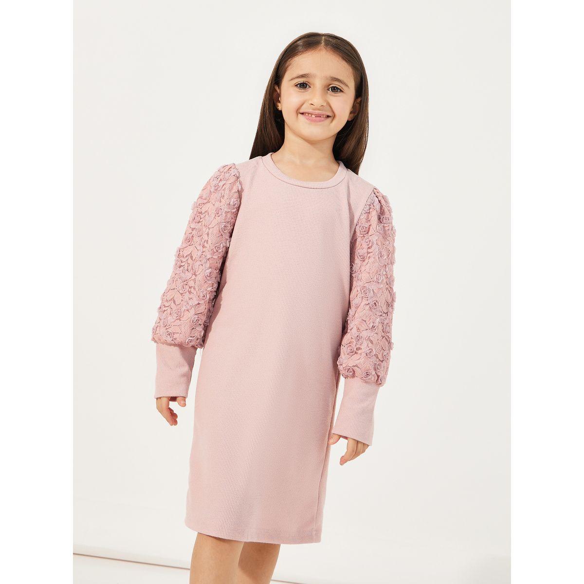 Styli Floral Lace Sleeve Rib Knit Knee-Length Dress-girls-clothing-dressesandjumpsuits-image-2