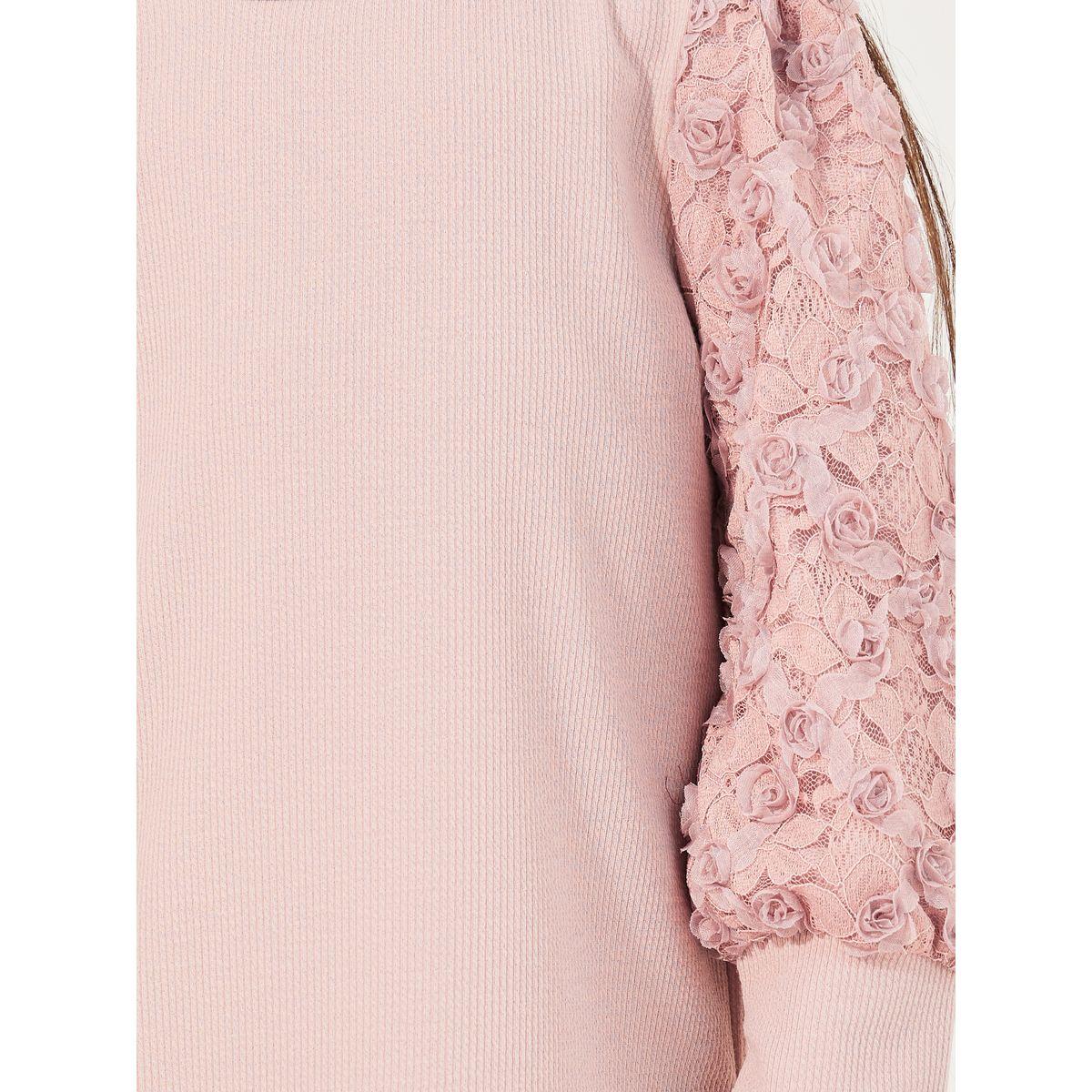 Styli Floral Lace Sleeve Rib Knit Knee-Length Dress-girls-clothing-dressesandjumpsuits-image-3