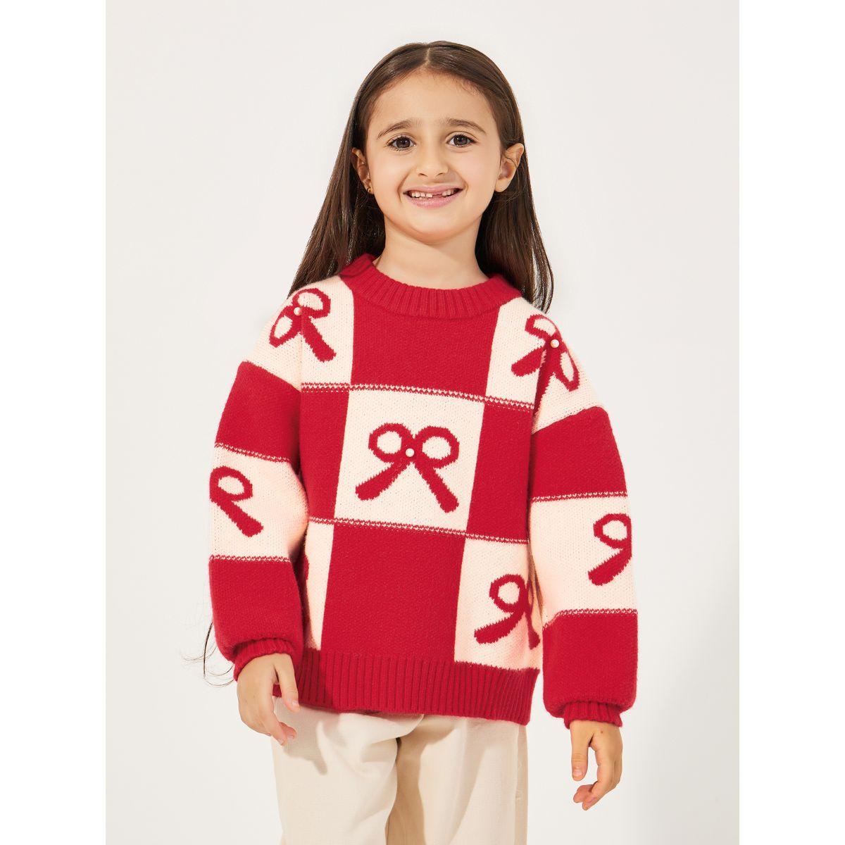 Styli Bow Checked Pattern Knitted Sweater-girls-clothing-jumpersandcardigans-image-1