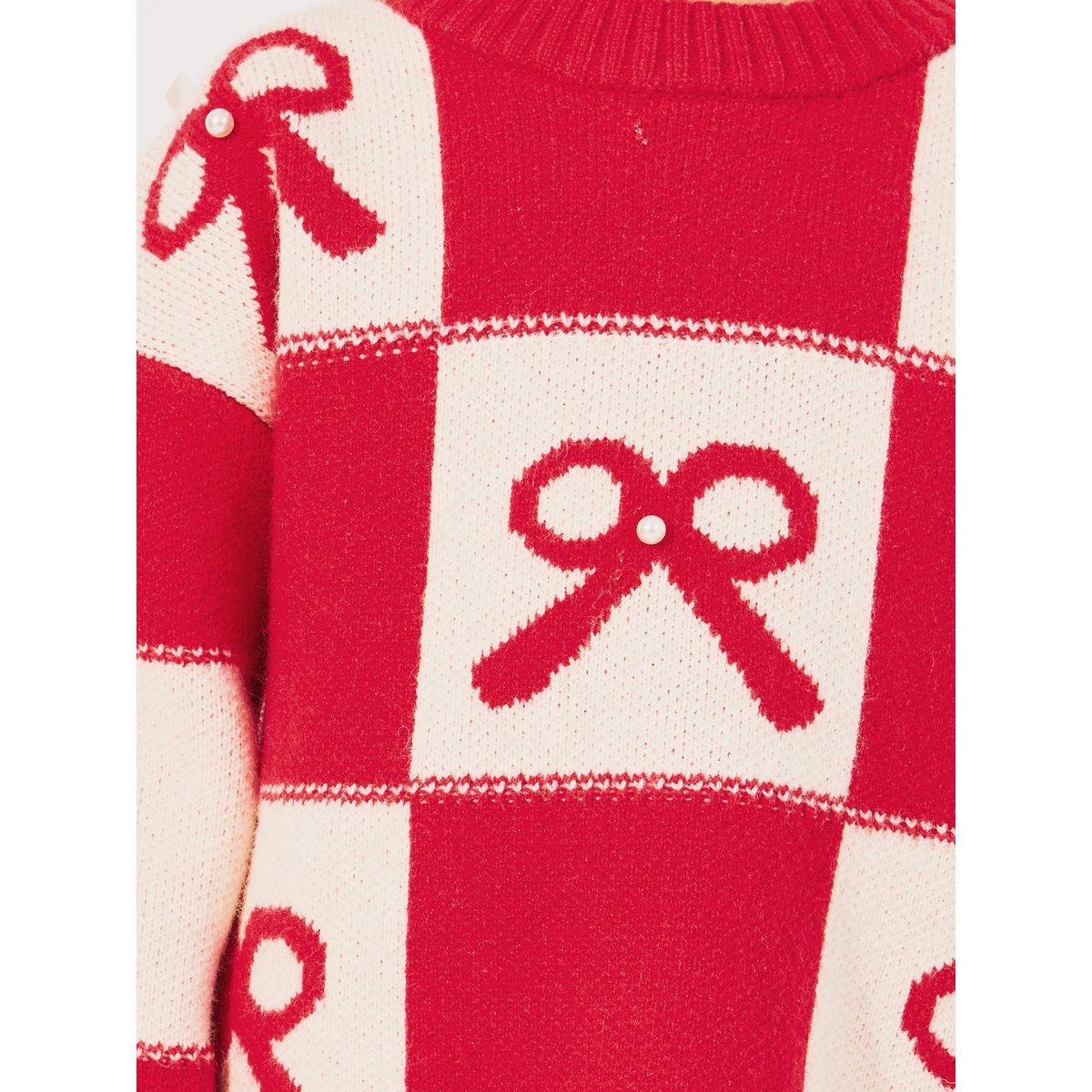 سويتر محبوك بطبعة مربعات وربطات فيونكة-girls-clothing-jumpersandcardigans-image-2