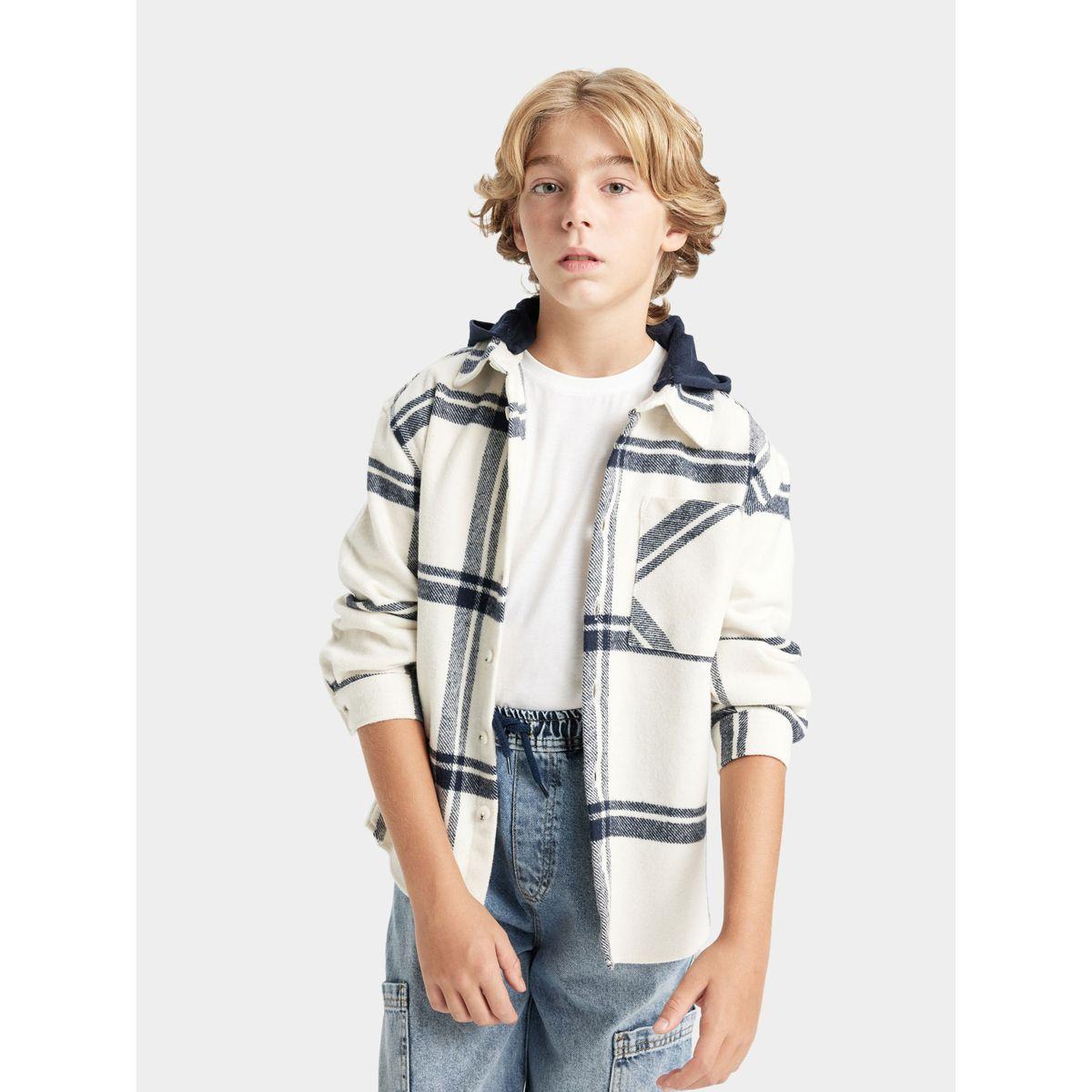 قميص فضفاض بطبعة مربعات وياقة هودي ديفاكتو × ستايلي-boys-clothing-shirts-image-1