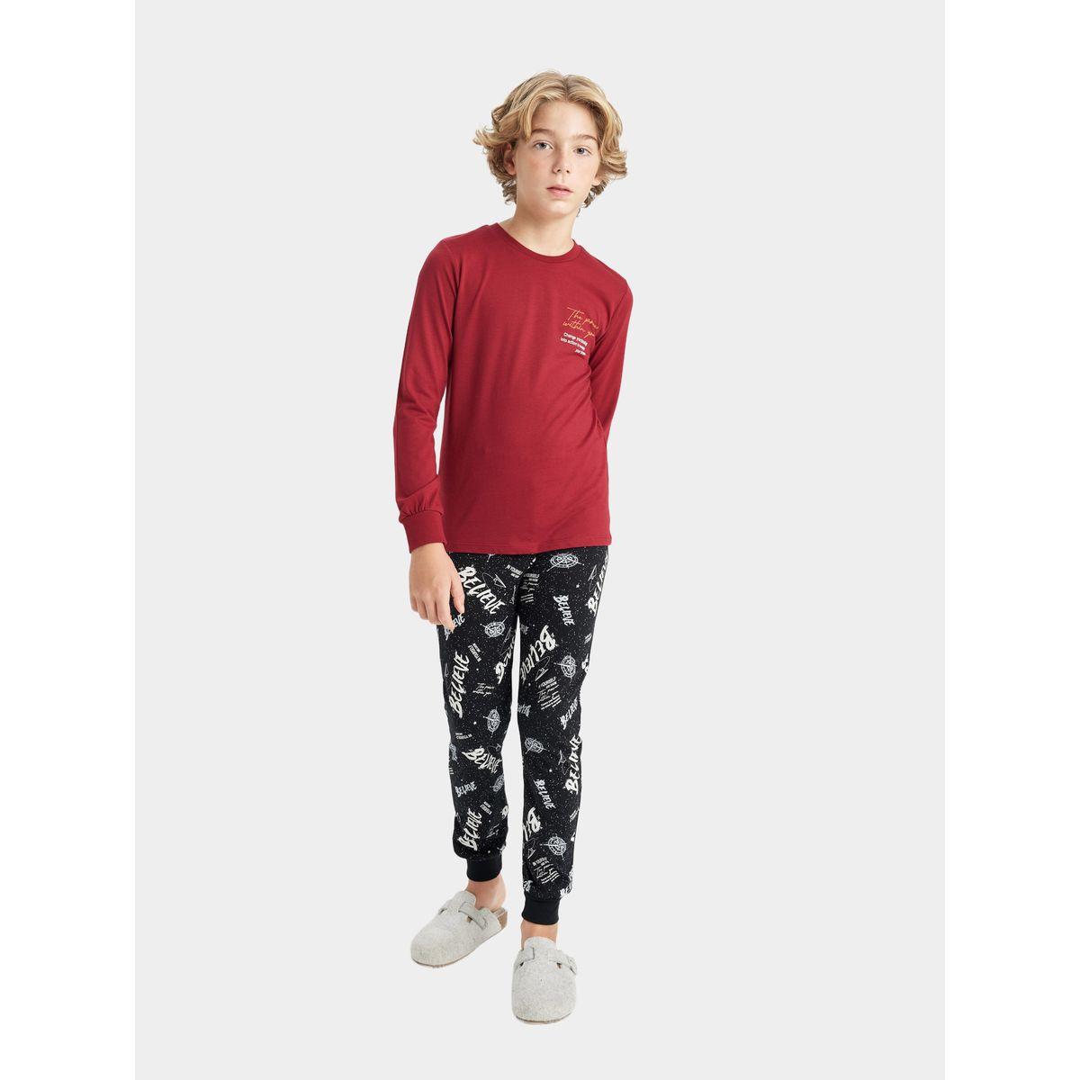 DeFacto X Styli  Slogan Print Long Sleeve T-Shirt & Printed Pyjama Set-boys-clothing-nightwear-image-1