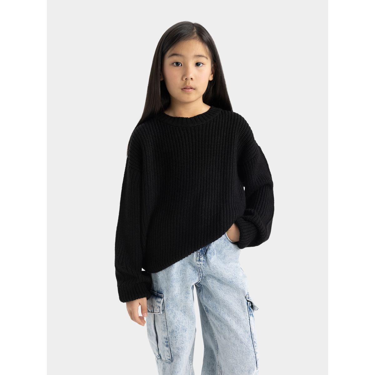 سويتر محبوك بتفاصيل مضلعة وقصة عادية مع ياقة دائرية ديفاكتو × ستايلي-girls-clothing-jumpersandcardigans-image-1