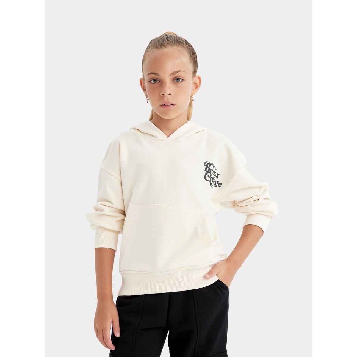 سويت شيرت بطبعة كتابة وياقة هودي مع جيوب ديفاكتو × ستايلي-girls-clothing-sweatshirts-image-1