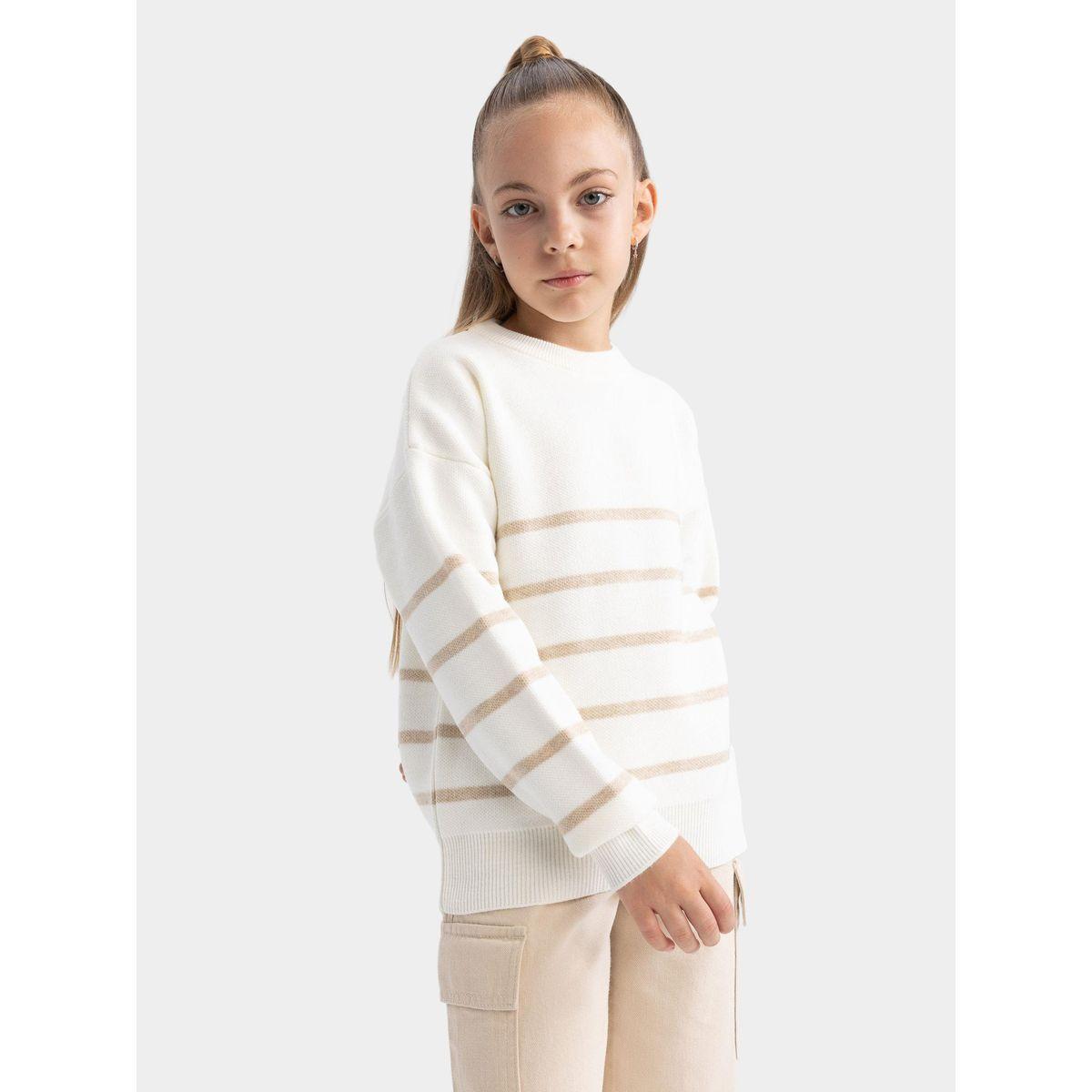 سويتر محبوك مخطط بقصة عادية وياقة دائرية-girls-clothing-jumpersandcardigans-image-6