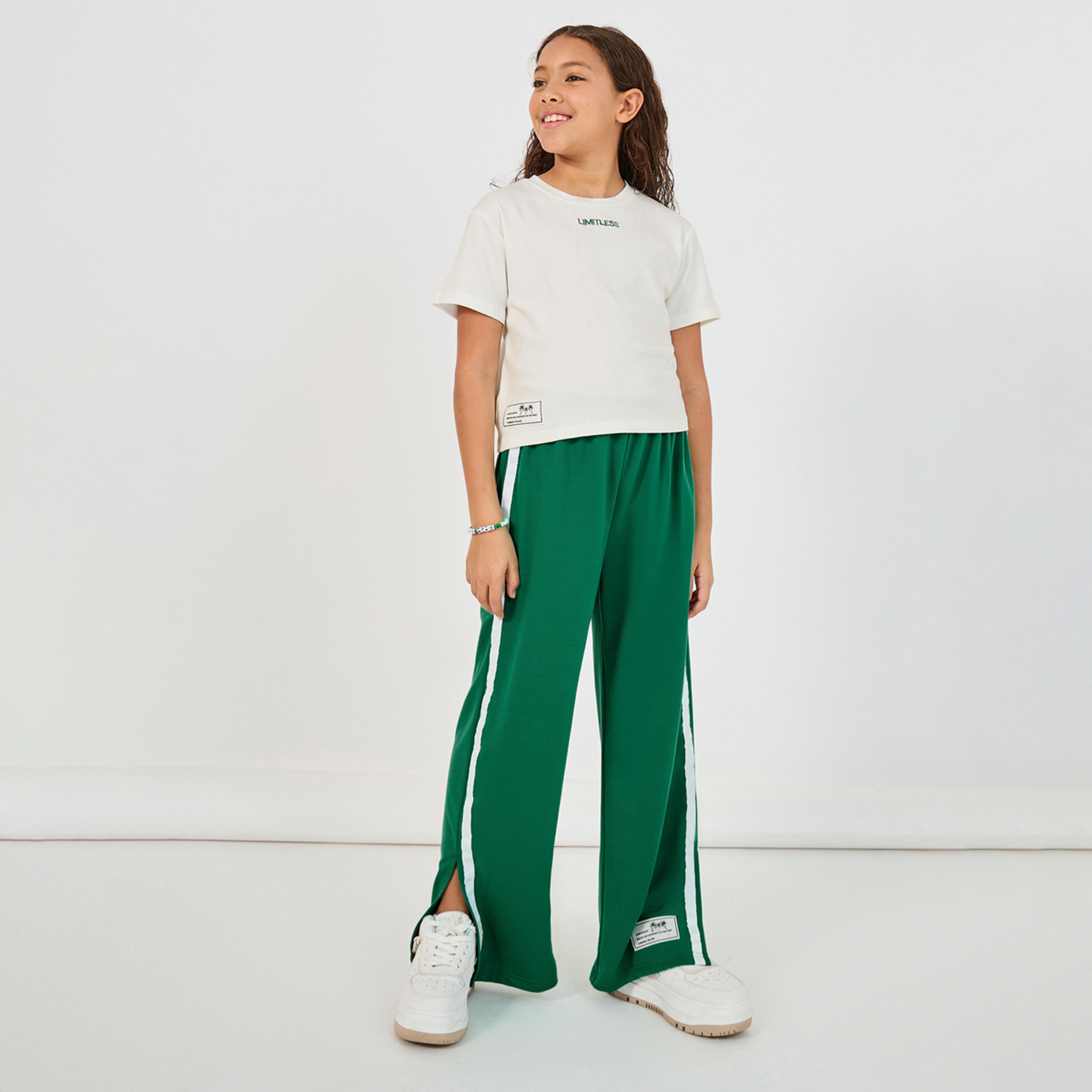 Styli Embroidered Rib Round Neck T-Shirt & Contrast Panel Joggers Co-Ords-girls-clothing-setsandcoords-image-1
