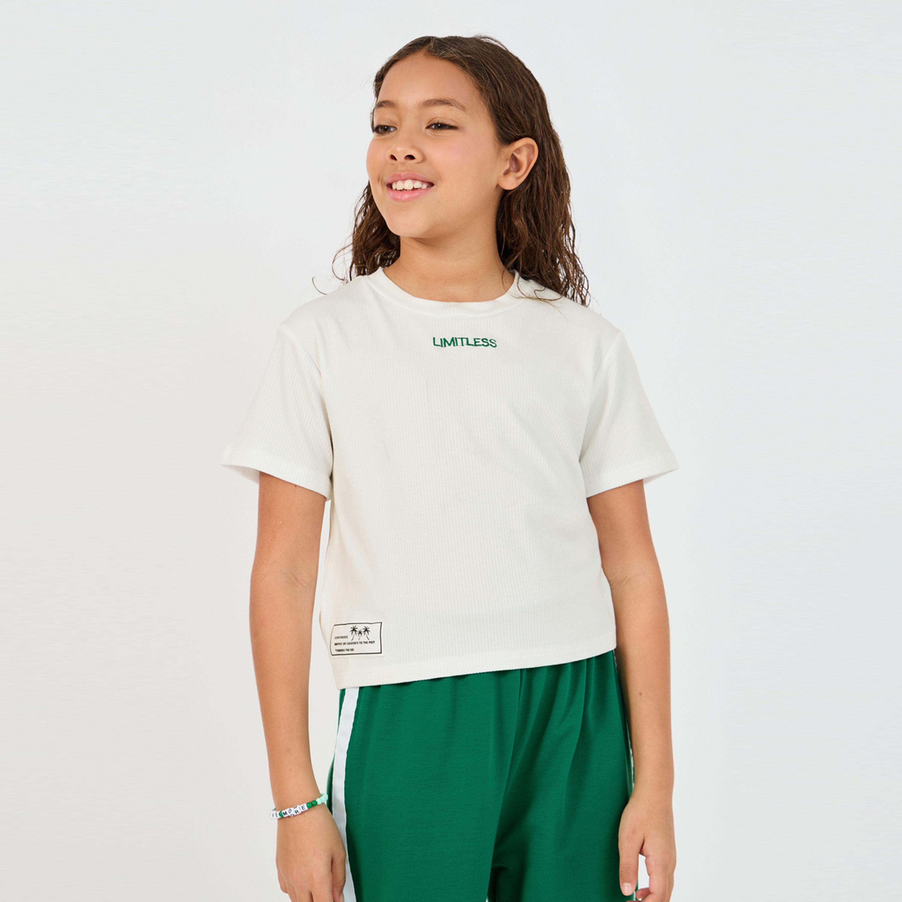 Styli Embroidered Rib Round Neck T-Shirt & Contrast Panel Joggers Co-Ords-girls-clothing-setsandcoords-image-2