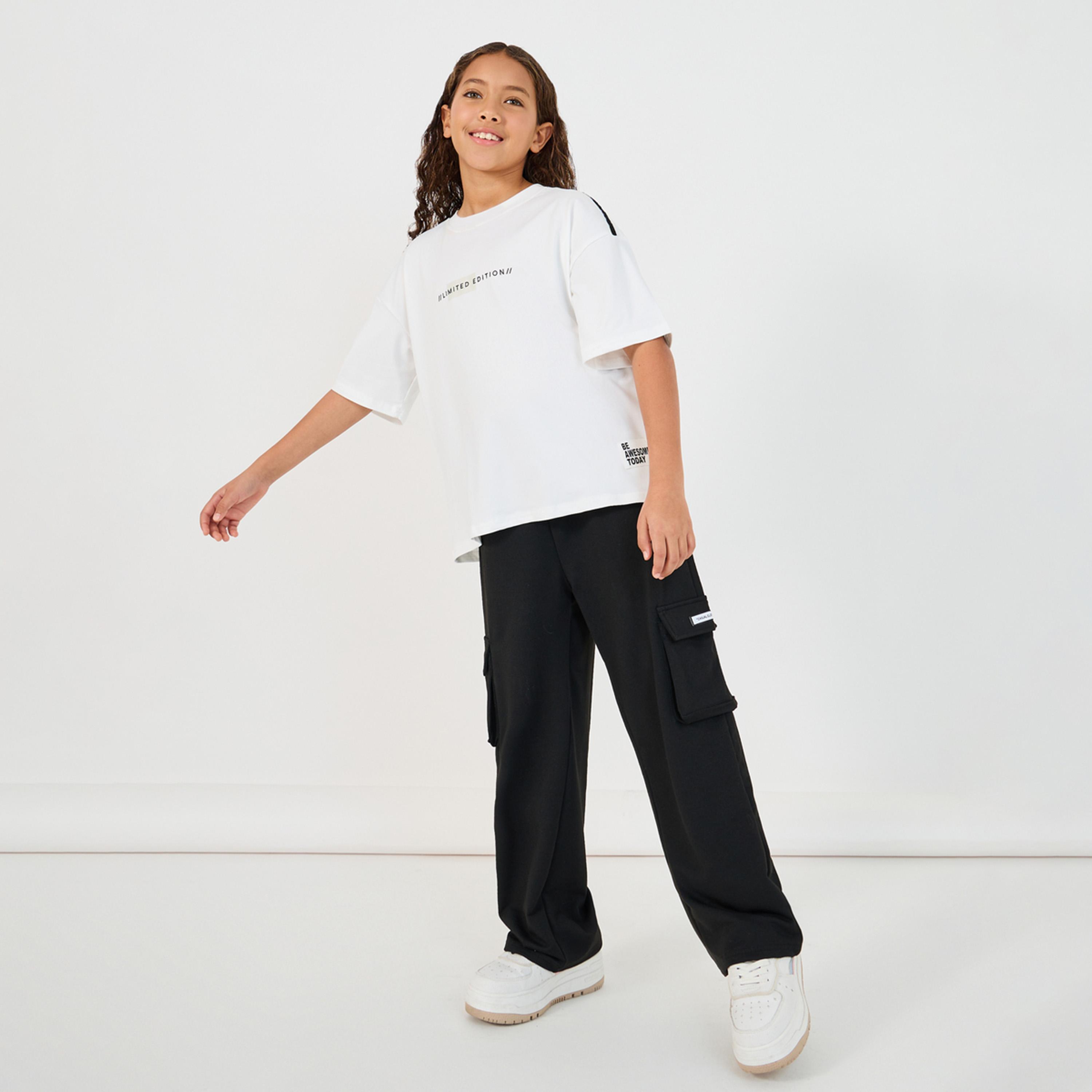 Styli Slogan Print T-Shirt with Patch Work Detail & Crago Pants Co-Ords-girls-clothing-setsandcoords-image-1