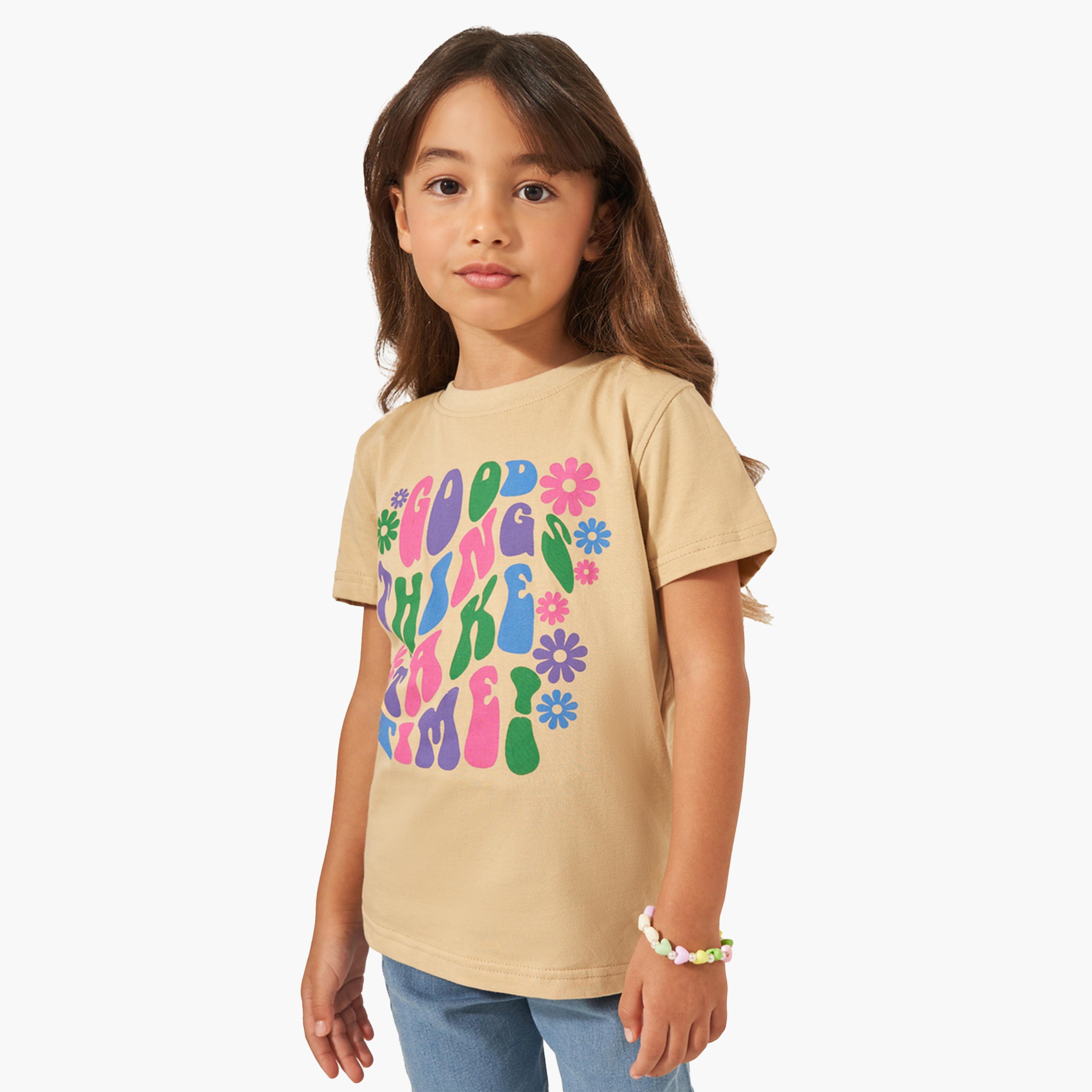 ستايلي - تي شيرت برقبة دائرية وطبعة شعار-girls-clothing-tshirts-image-1
