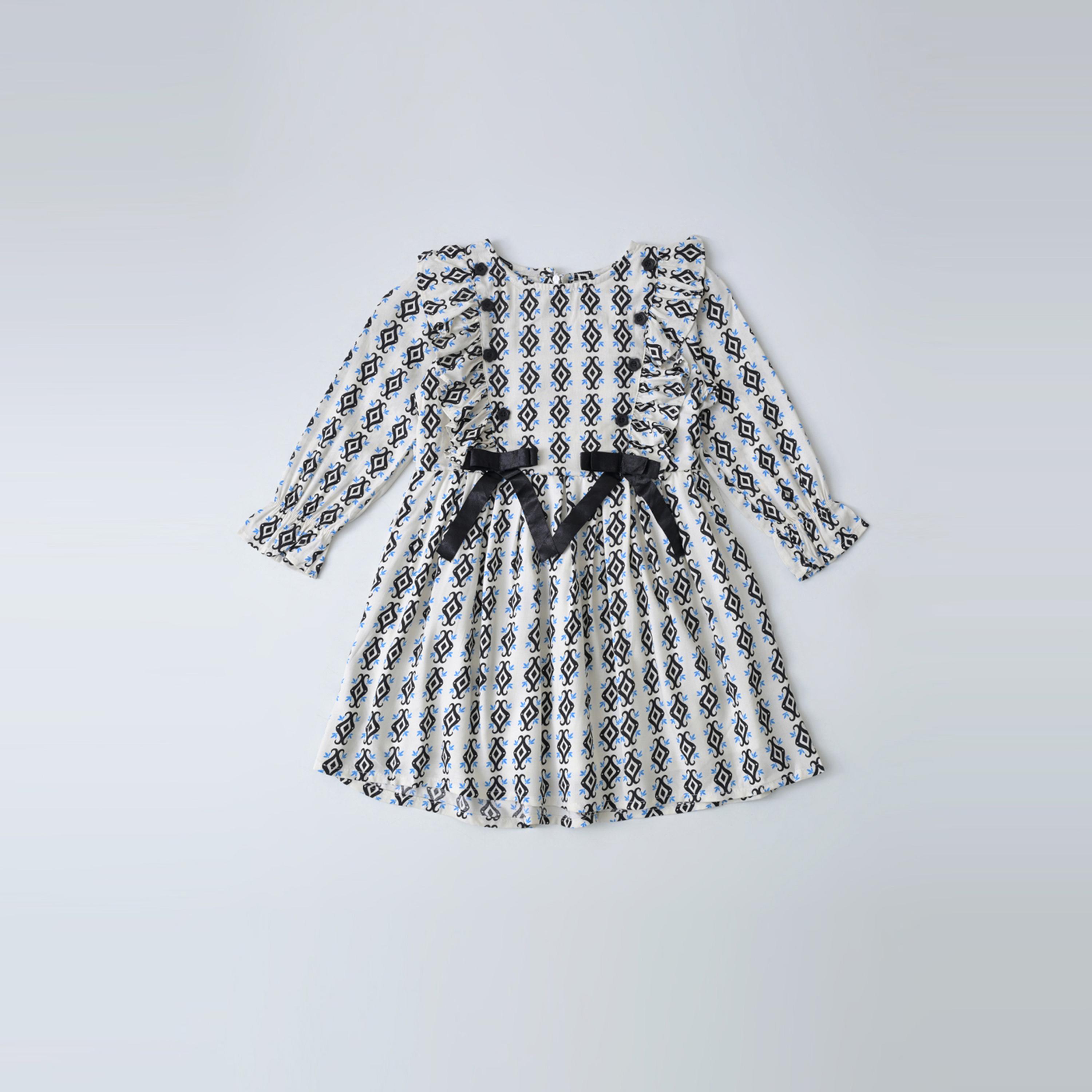 Bella Moda X Styli All-Over Print Bow Detail Dress With Long Sleeves-girls-clothing-dressesandjumpsuits-image-1