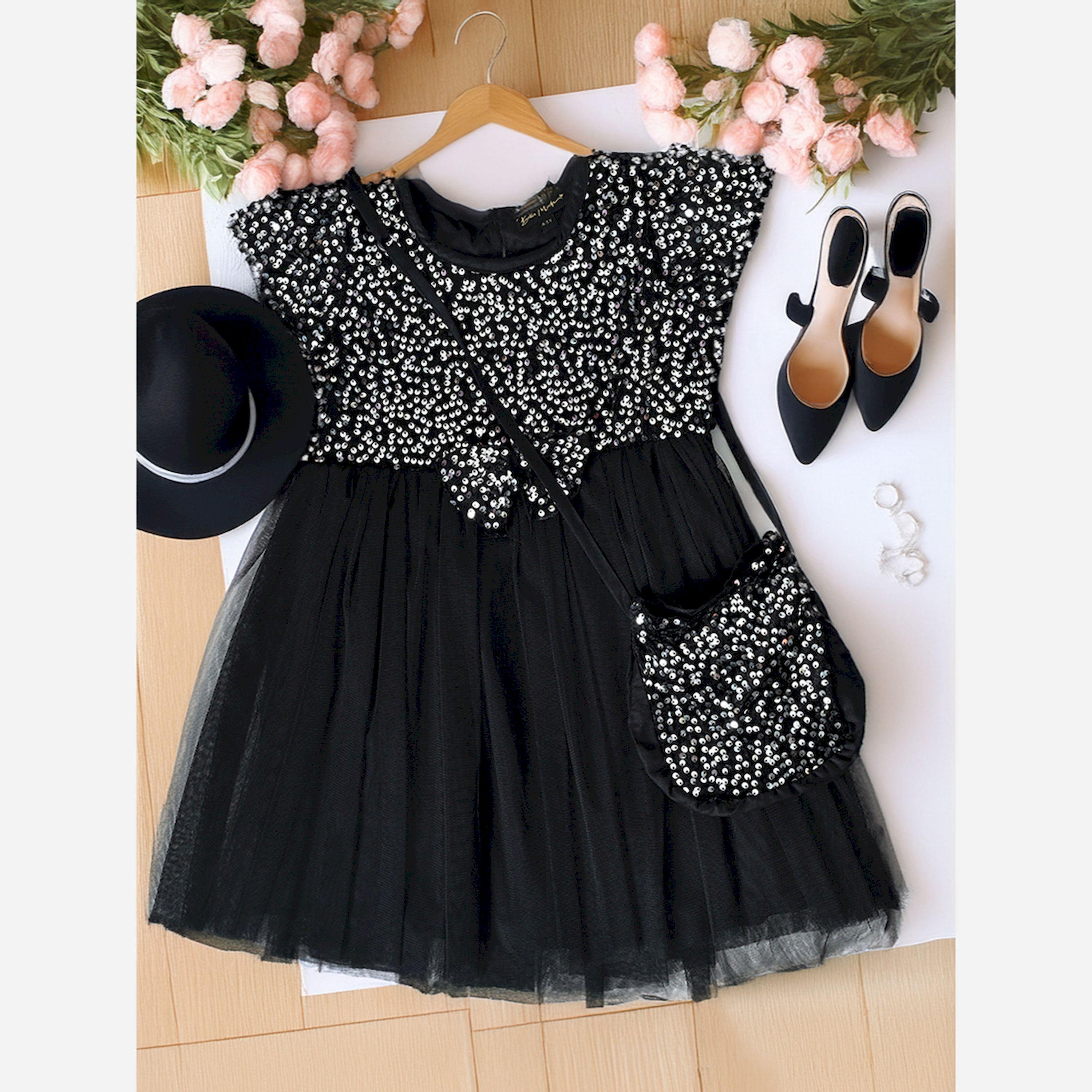 Bella Moda X Styli Sequined Mesh Insert Dress & Bag-girls-clothing-dressesandjumpsuits-image-2