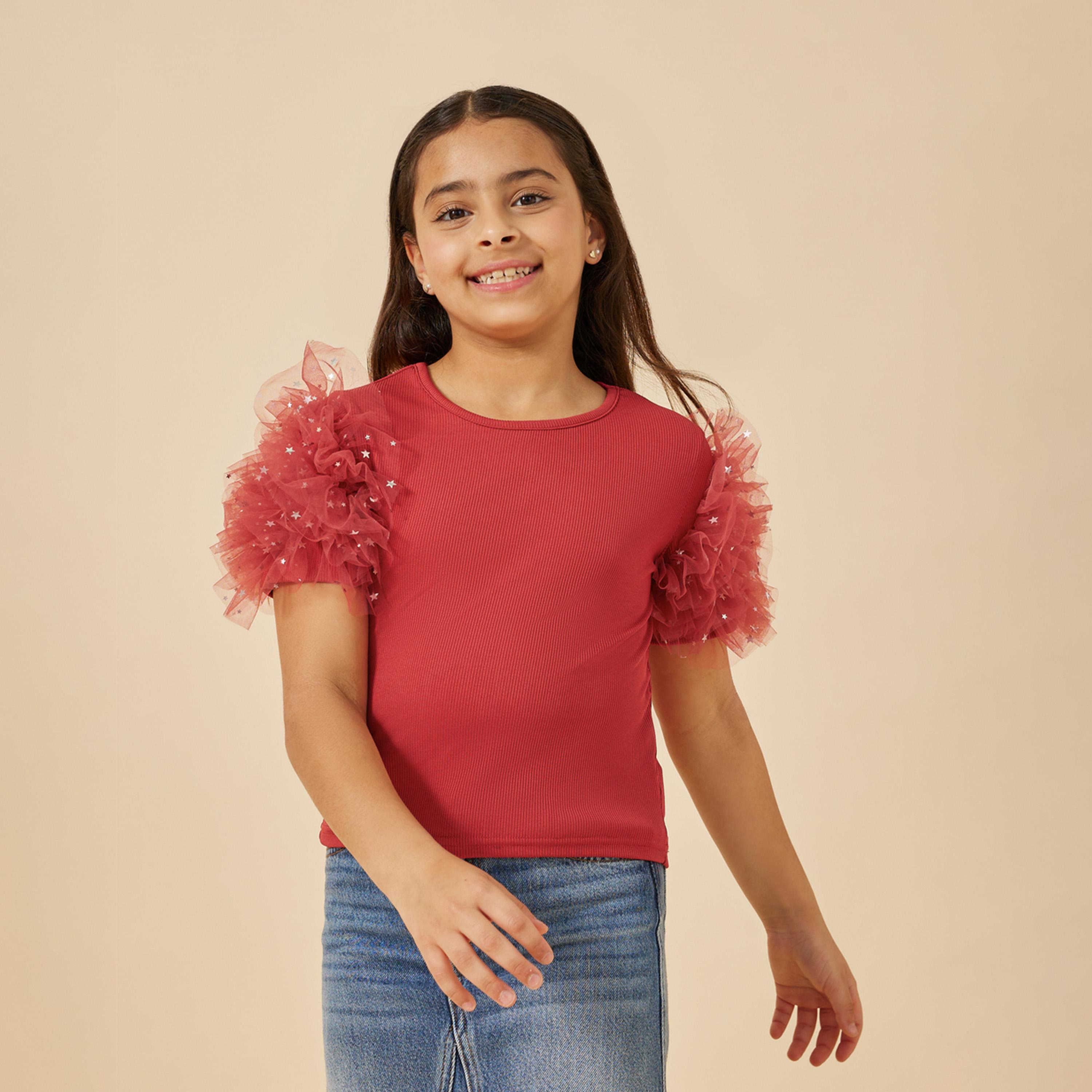ستايلي - بلوزة للفتيات المراهقات بجسم مضلع وأكمام شبكية-girls-clothing-blousesandshirts-image-1