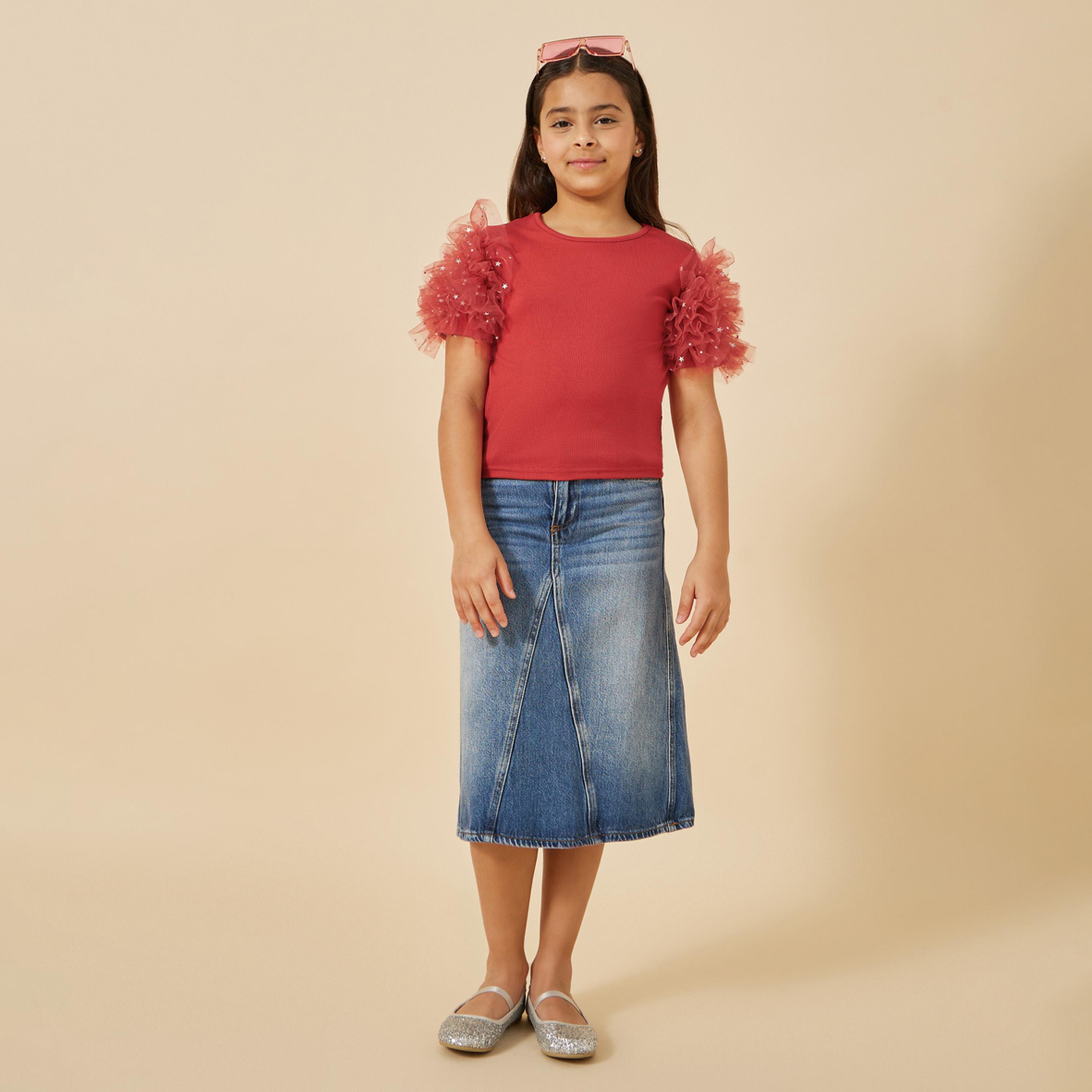 ستايلي - بلوزة للفتيات المراهقات بجسم مضلع وأكمام شبكية-girls-clothing-blousesandshirts-image-2