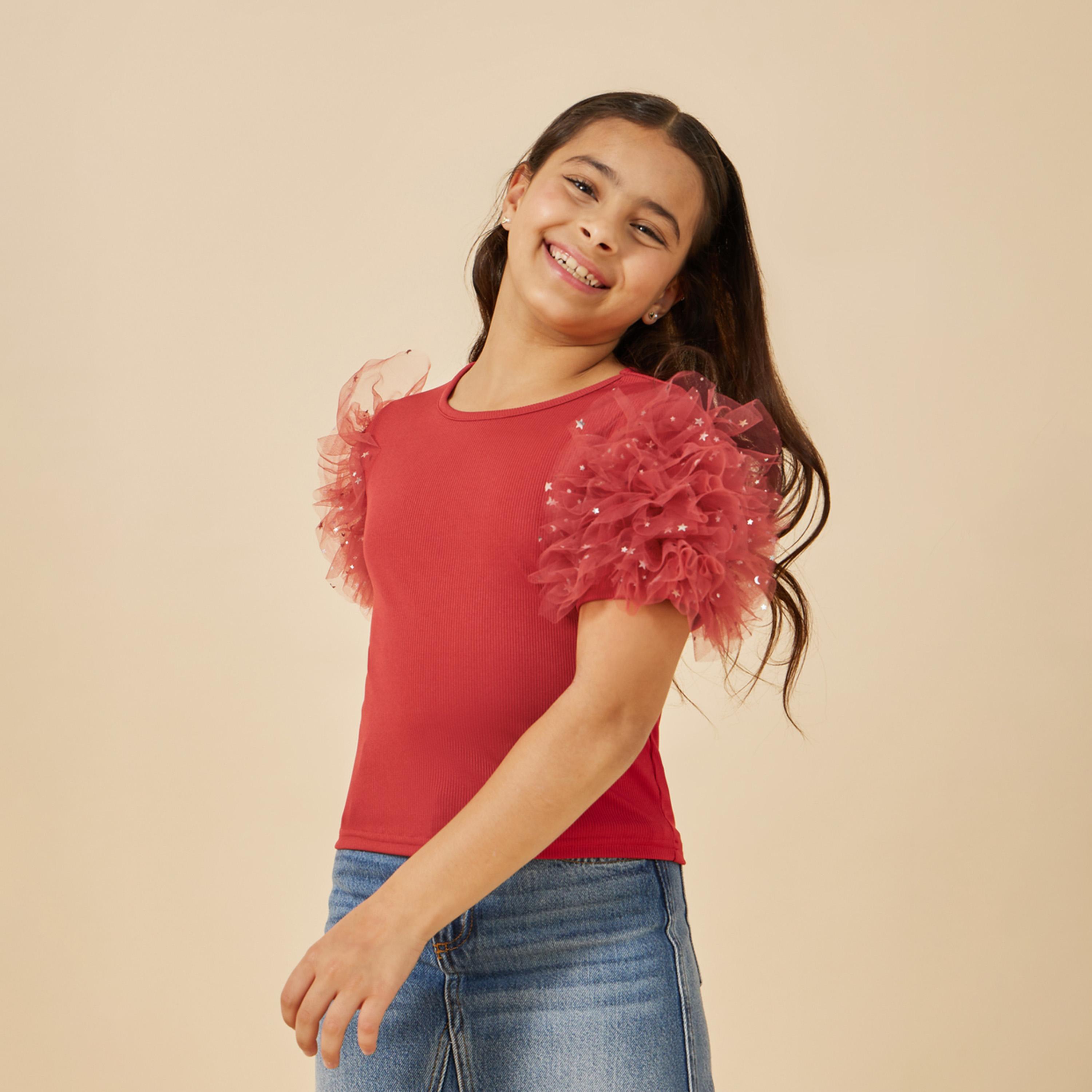 ستايلي - بلوزة للفتيات المراهقات بجسم مضلع وأكمام شبكية-girls-clothing-blousesandshirts-image-3
