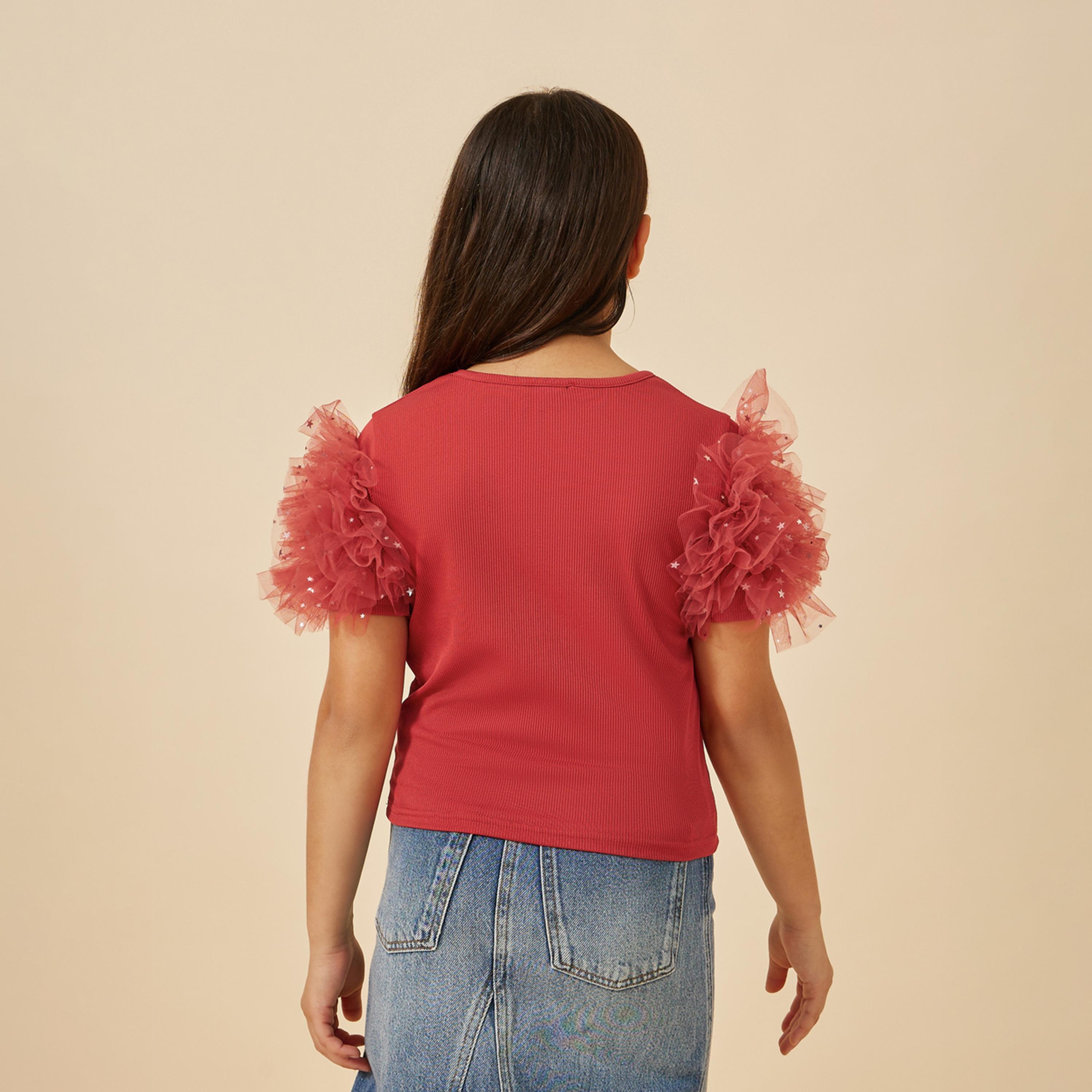 Styli Teen Girls Top With Rib Body And Mesh Sleeve-girls-clothing-blousesandshirts-image-5