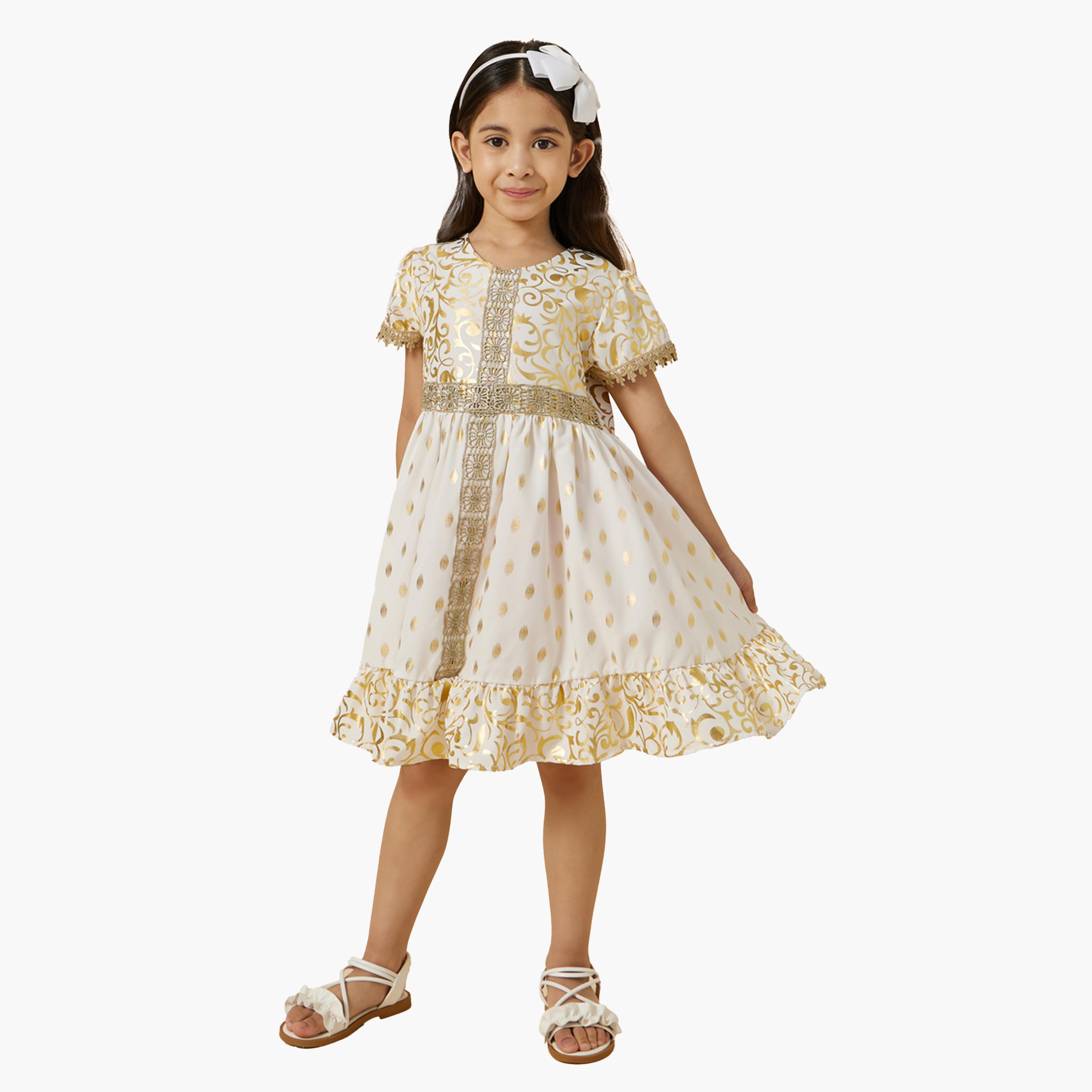 Amirah X Styli Foil Print Round Neck Ruffled Hem Dress-girls-clothing-dressesandjumpsuits-image-2