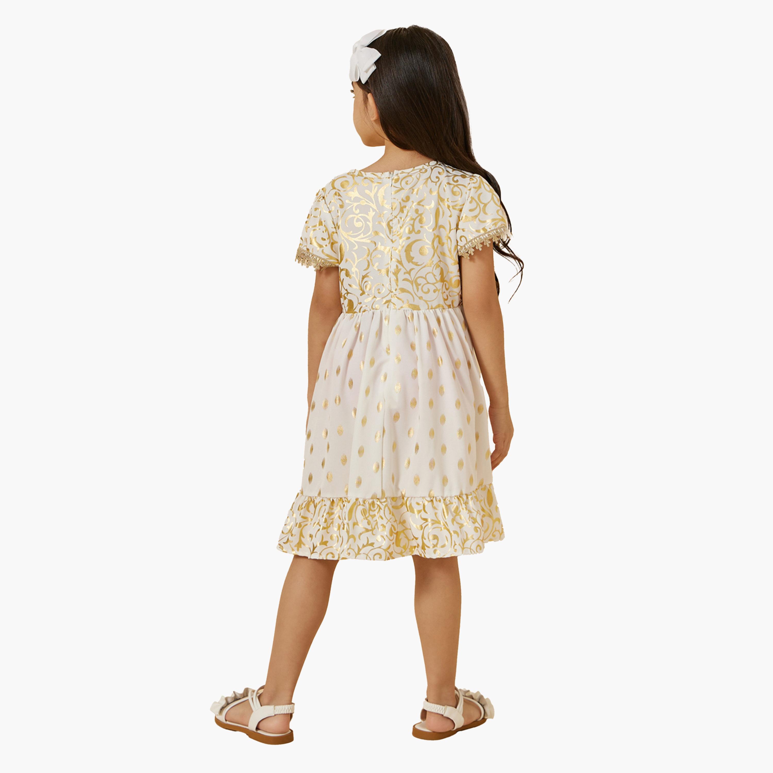 Amirah X Styli Foil Print Round Neck Ruffled Hem Dress-girls-clothing-dressesandjumpsuits-image-4
