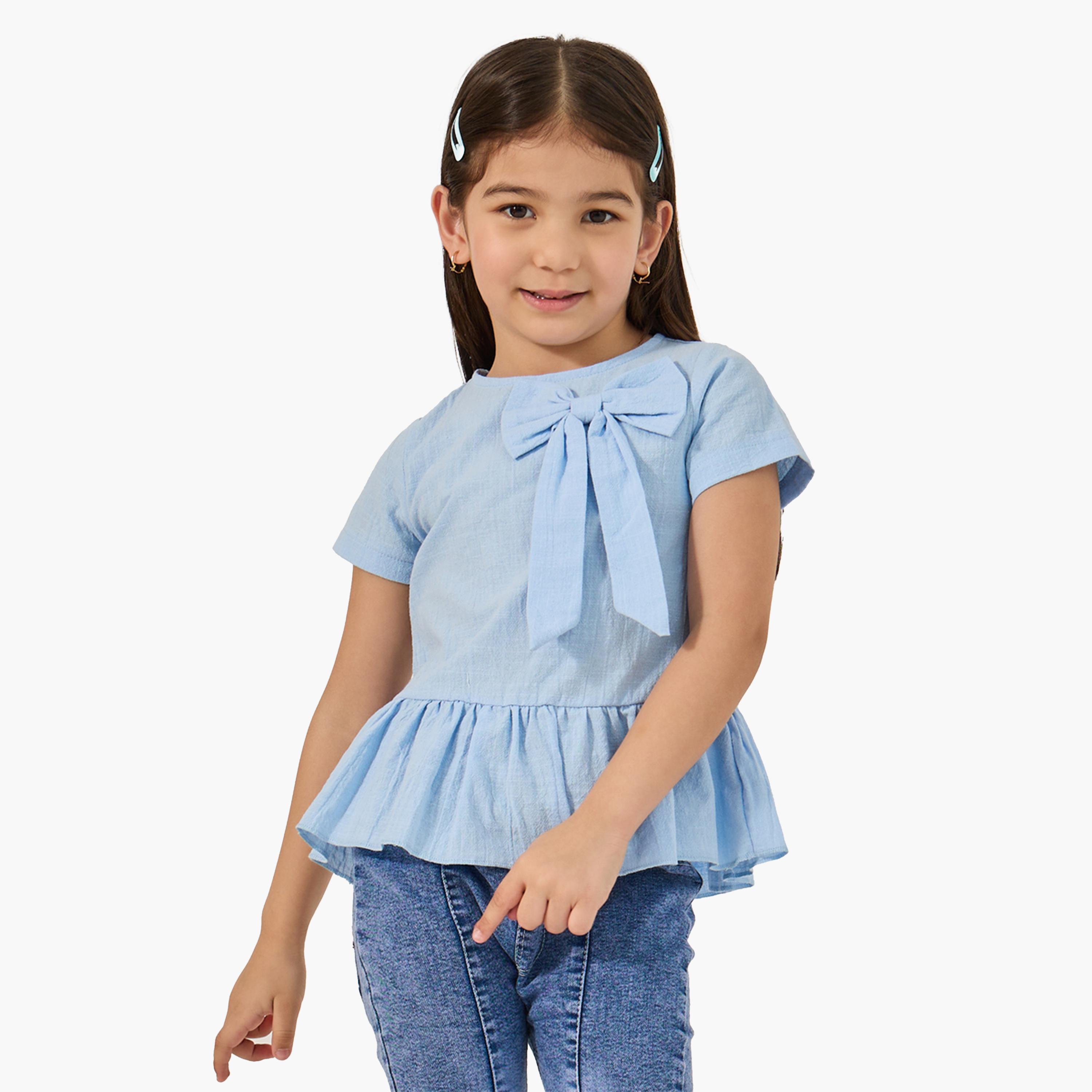ستايلي - بلوزة سادة ذات حافة مكشكشة مع تفاصيل فيونكة-girls-clothing-blousesandshirts-image-1