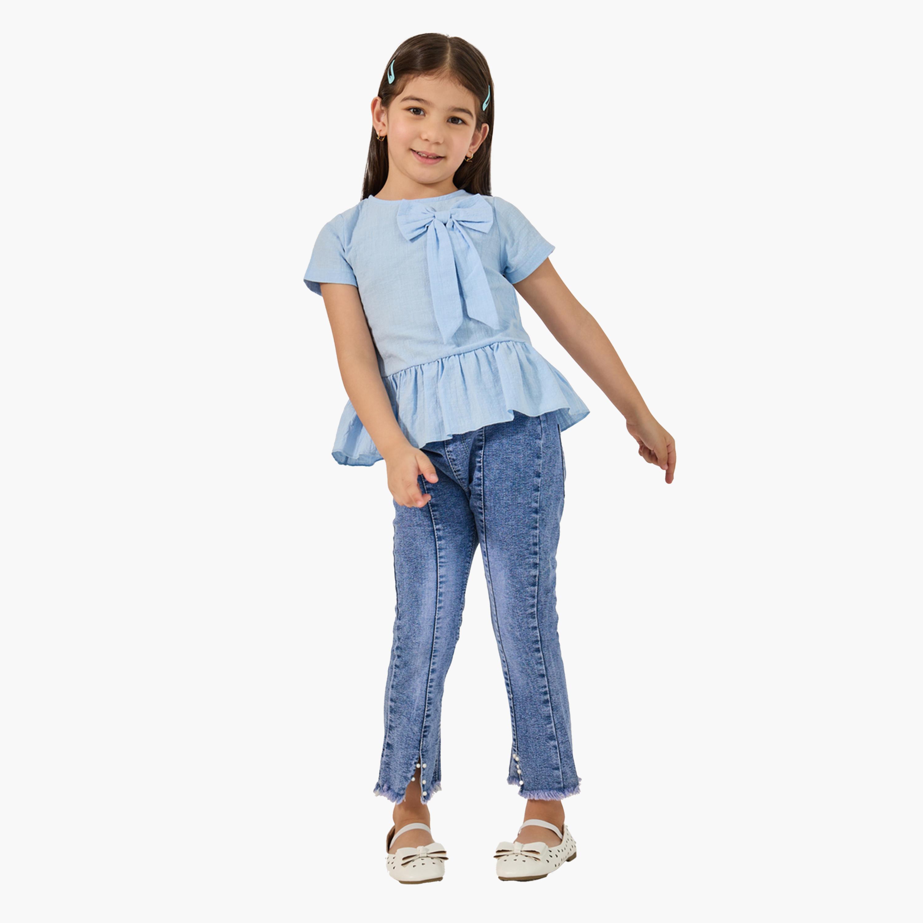 Styli Solid Ruffled Hem Top with Bow Detail-girls-clothing-blousesandshirts-image-2