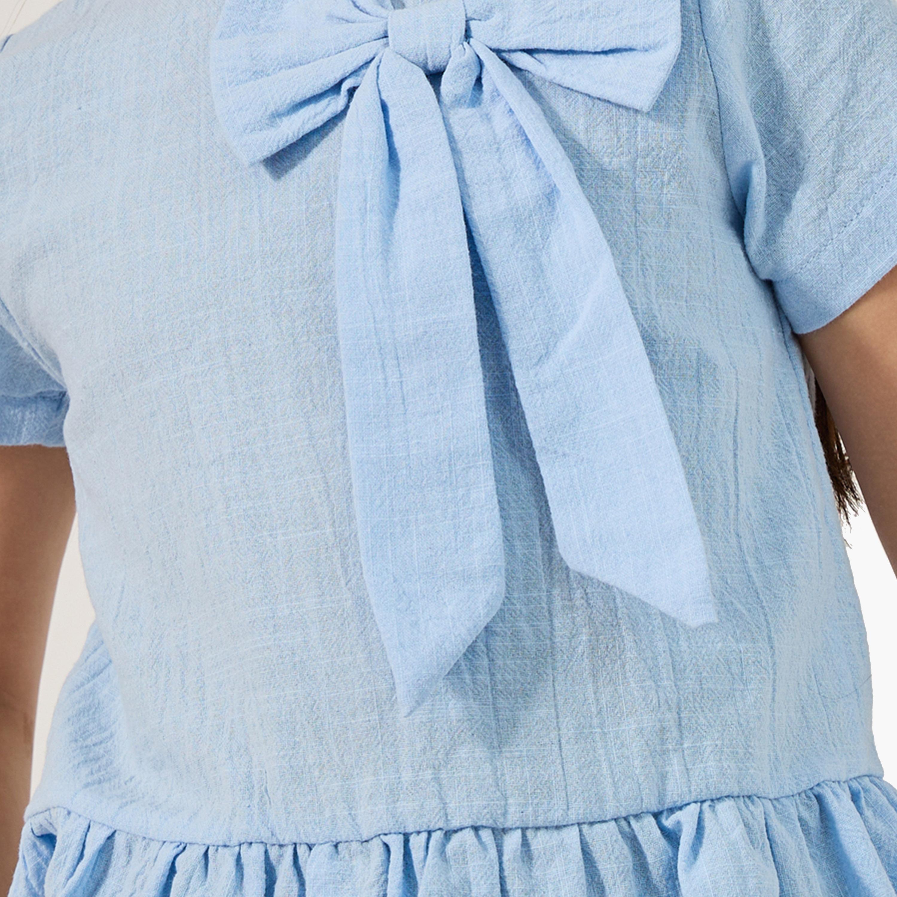 Styli Solid Ruffled Hem Top with Bow Detail-girls-clothing-blousesandshirts-image-3
