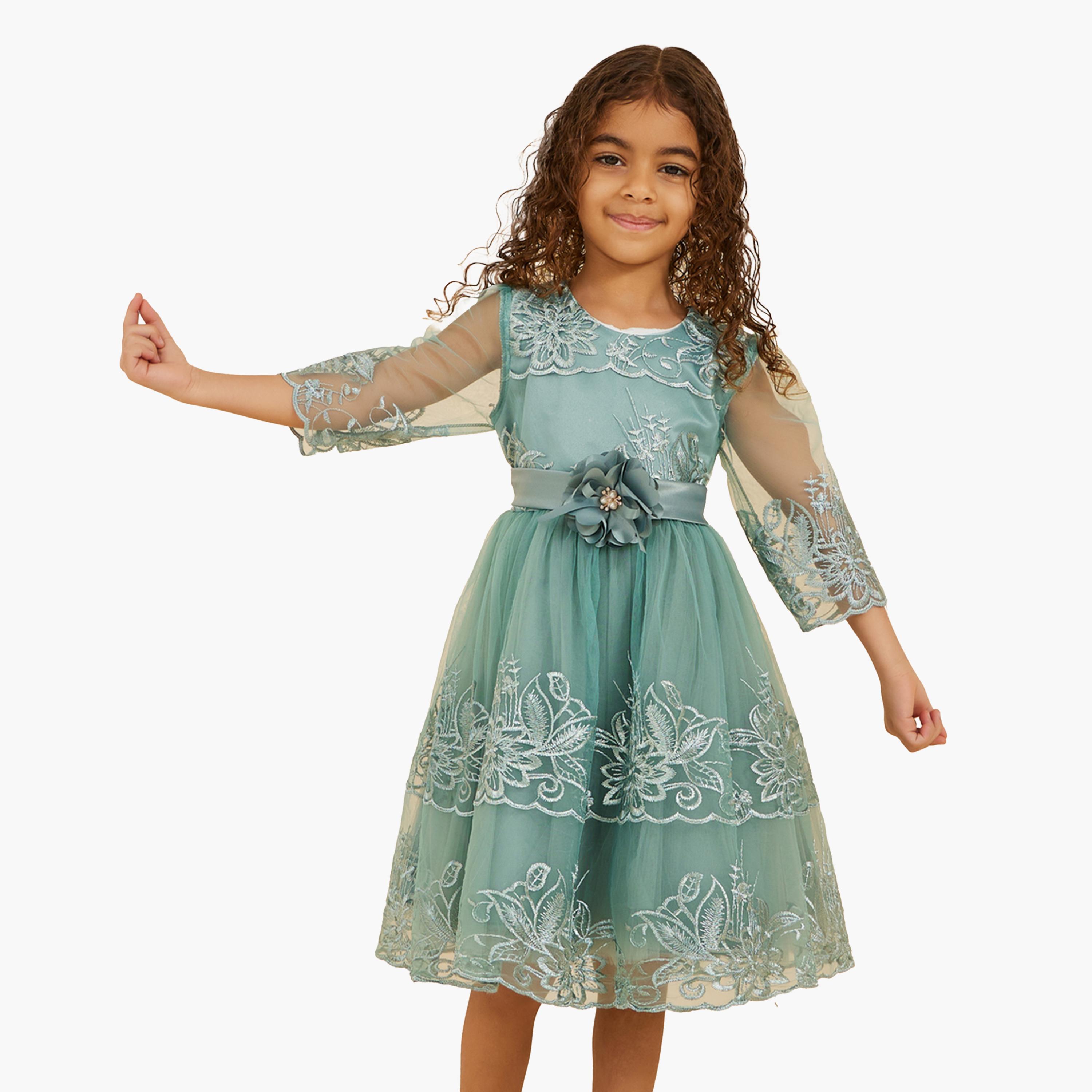 Styli Lace Insert Flower Corsage Round Neck Dress-girls-clothing-dressesandjumpsuits-image-1