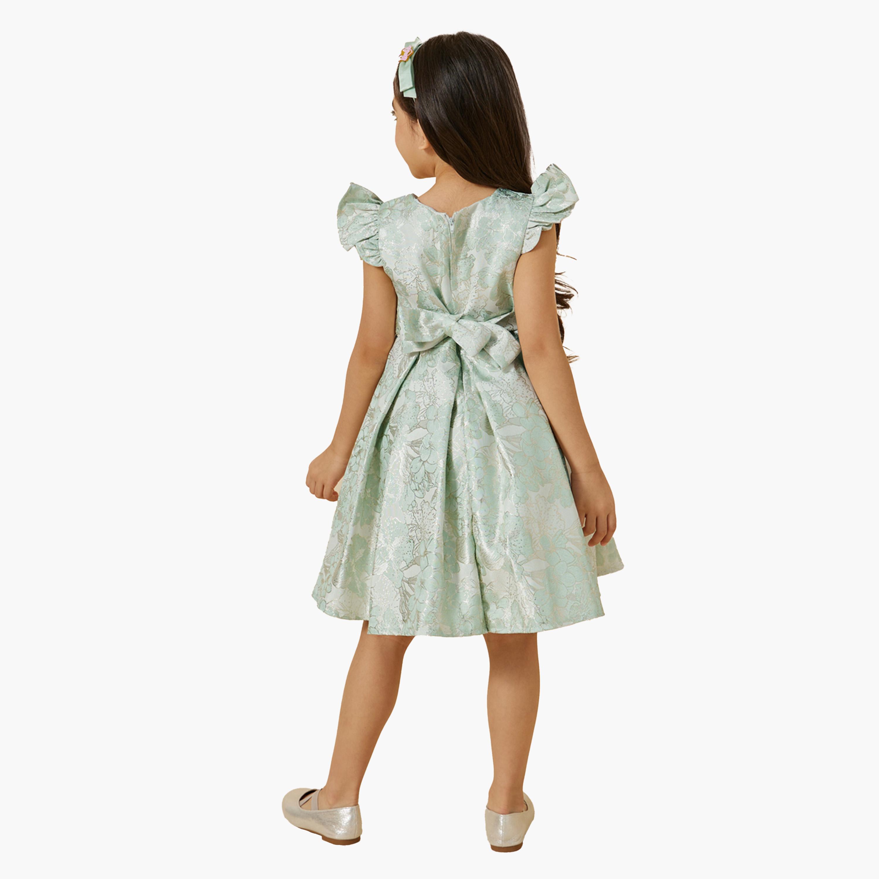 ستايلي-  فستان جاكار بأكمام مكشكشة وتفاصيل فيونكة-girls-clothing-dressesandjumpsuits-image-4
