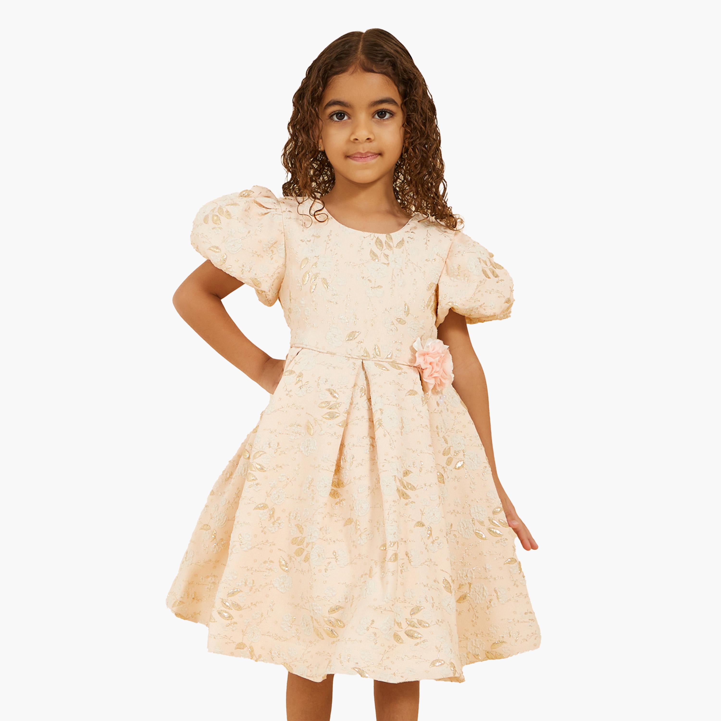 Styli Jacquard Round Neck Puff Sleeve Dress-girls-clothing-dressesandjumpsuits-image-1