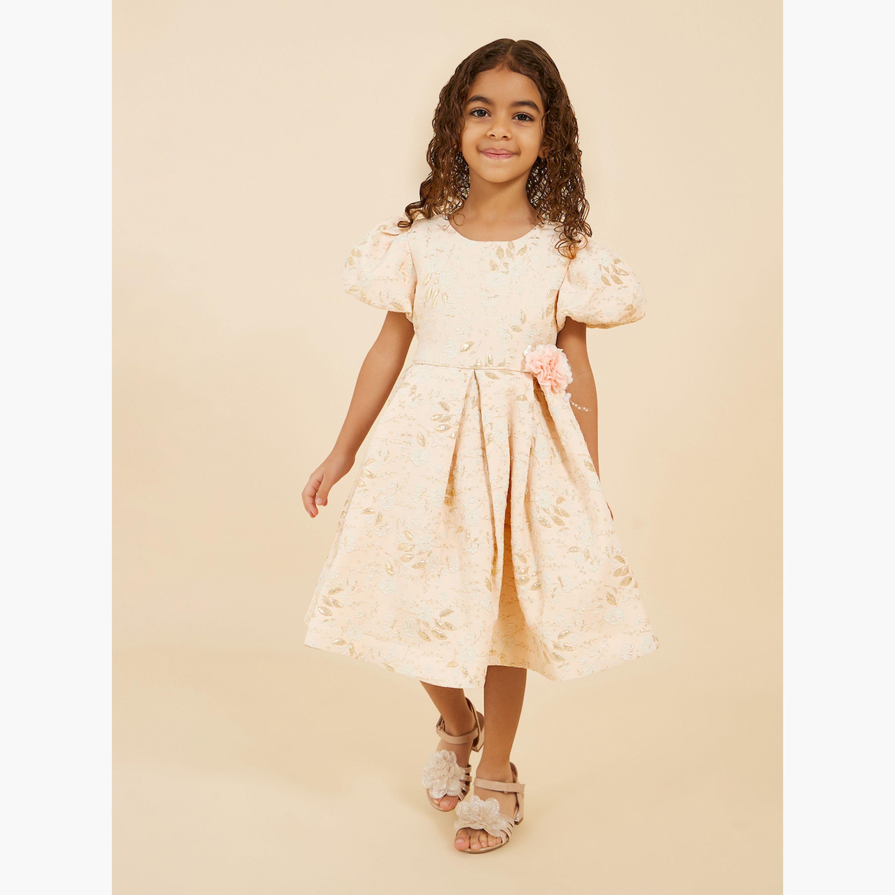 ستايلي-  فستان جاكار رقبة دائرية وأكمام منتفخة-girls-clothing-dressesandjumpsuits-image-2