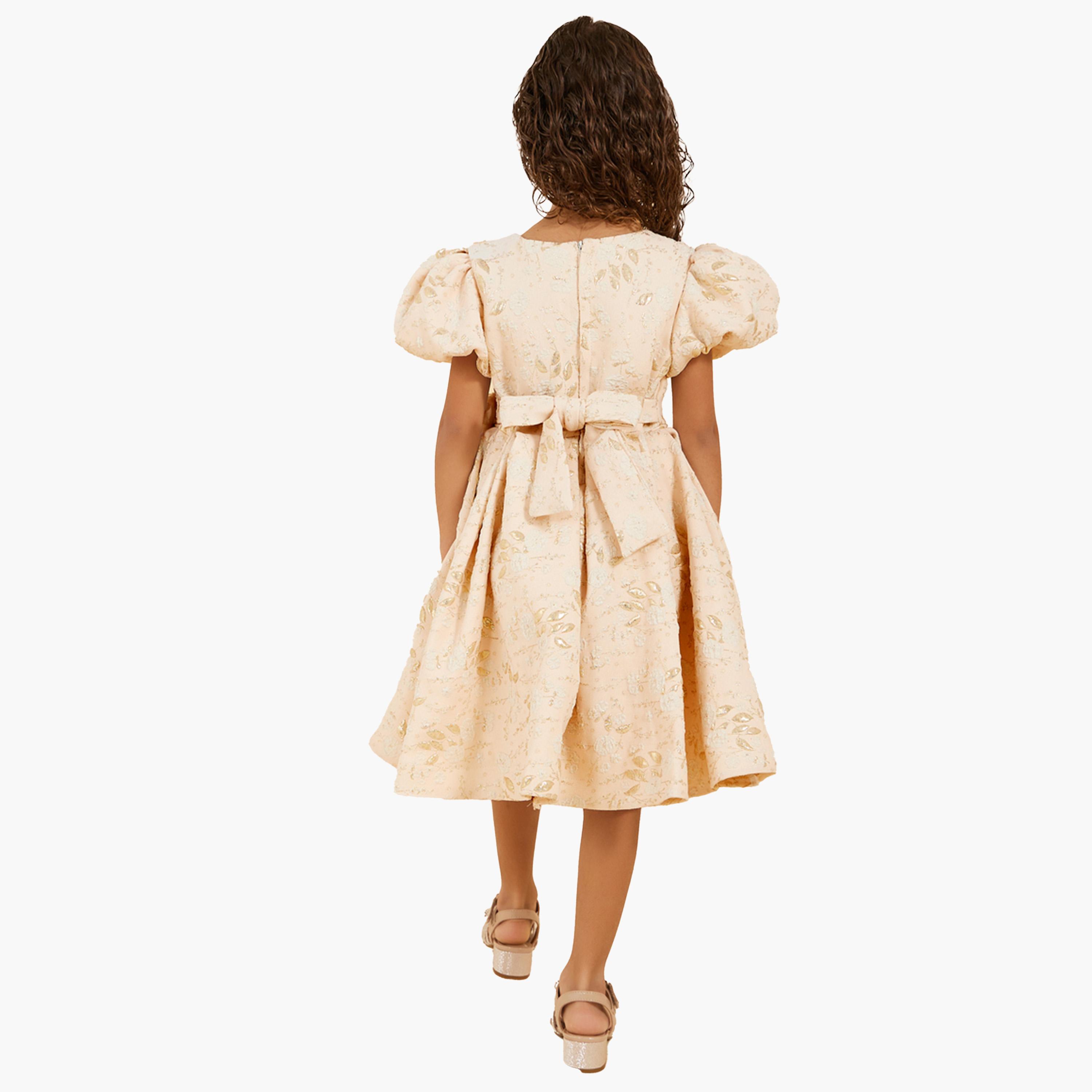 ستايلي-  فستان جاكار رقبة دائرية وأكمام منتفخة-girls-clothing-dressesandjumpsuits-image-4