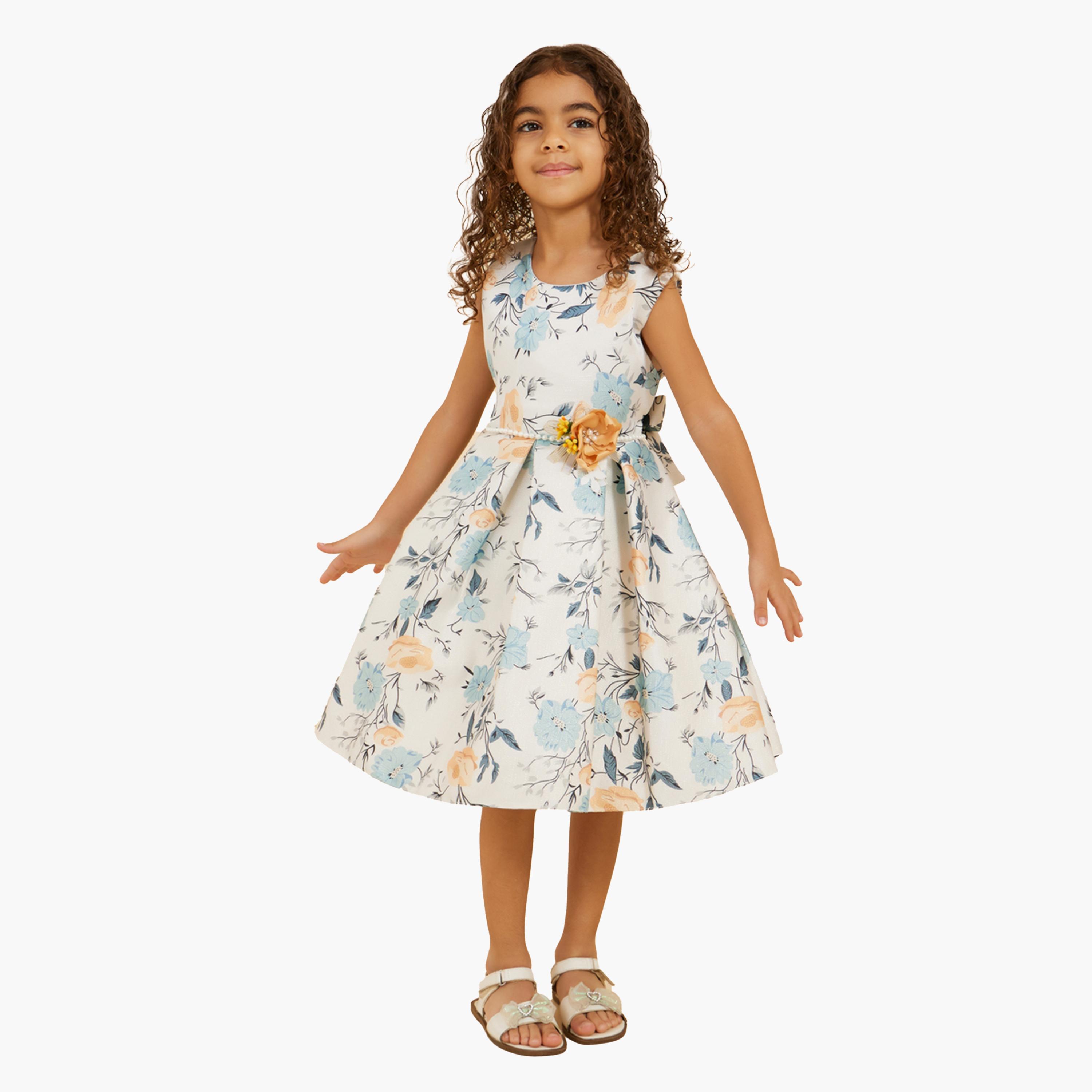 ستايلي-  فستان بدون أكمام ياقة دائرية وطبعة زهور-girls-clothing-dressesandjumpsuits-image-2