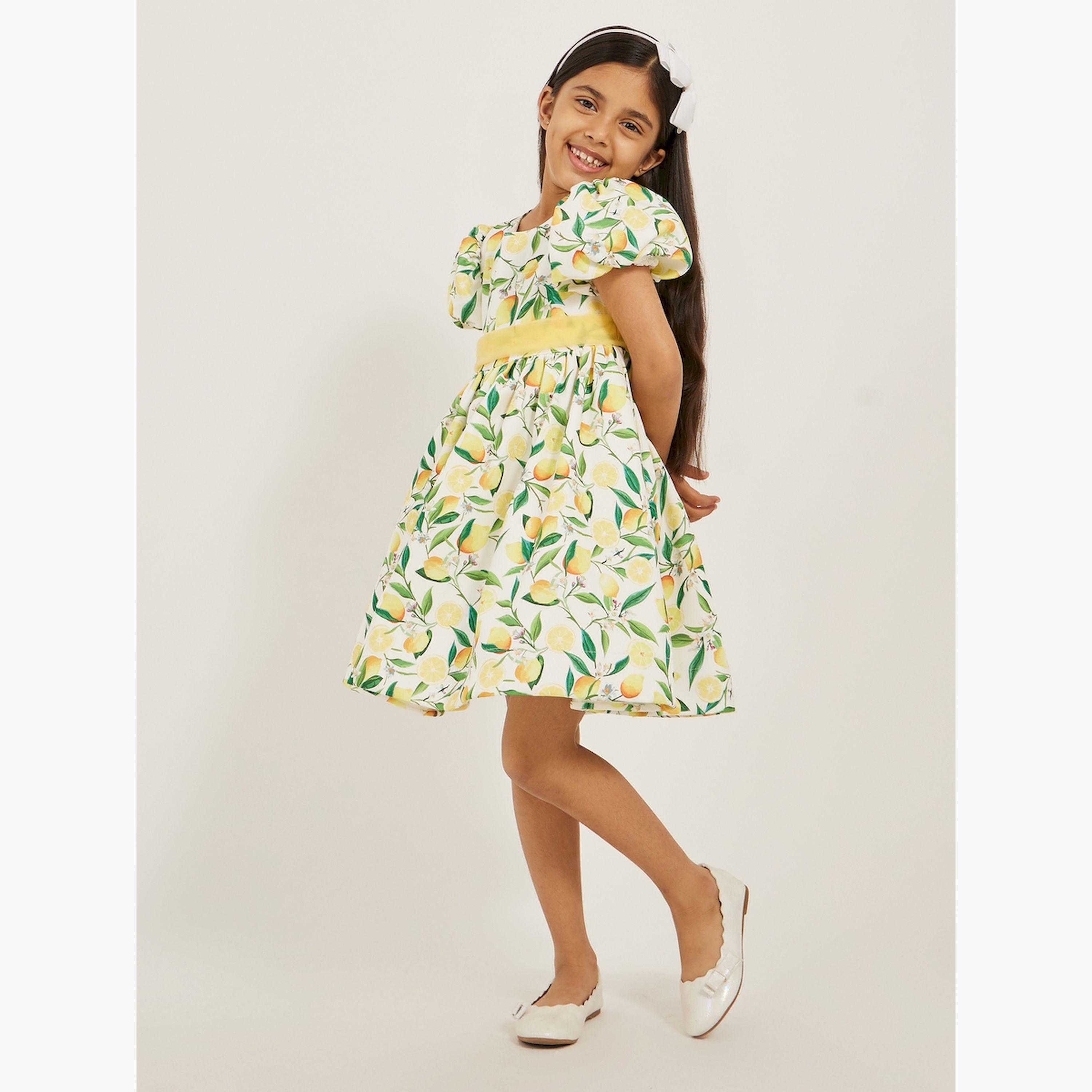 ستايلي-  فستان بأكمام منفوخة وطبعة كاملة-girls-clothing-dressesandjumpsuits-image-2
