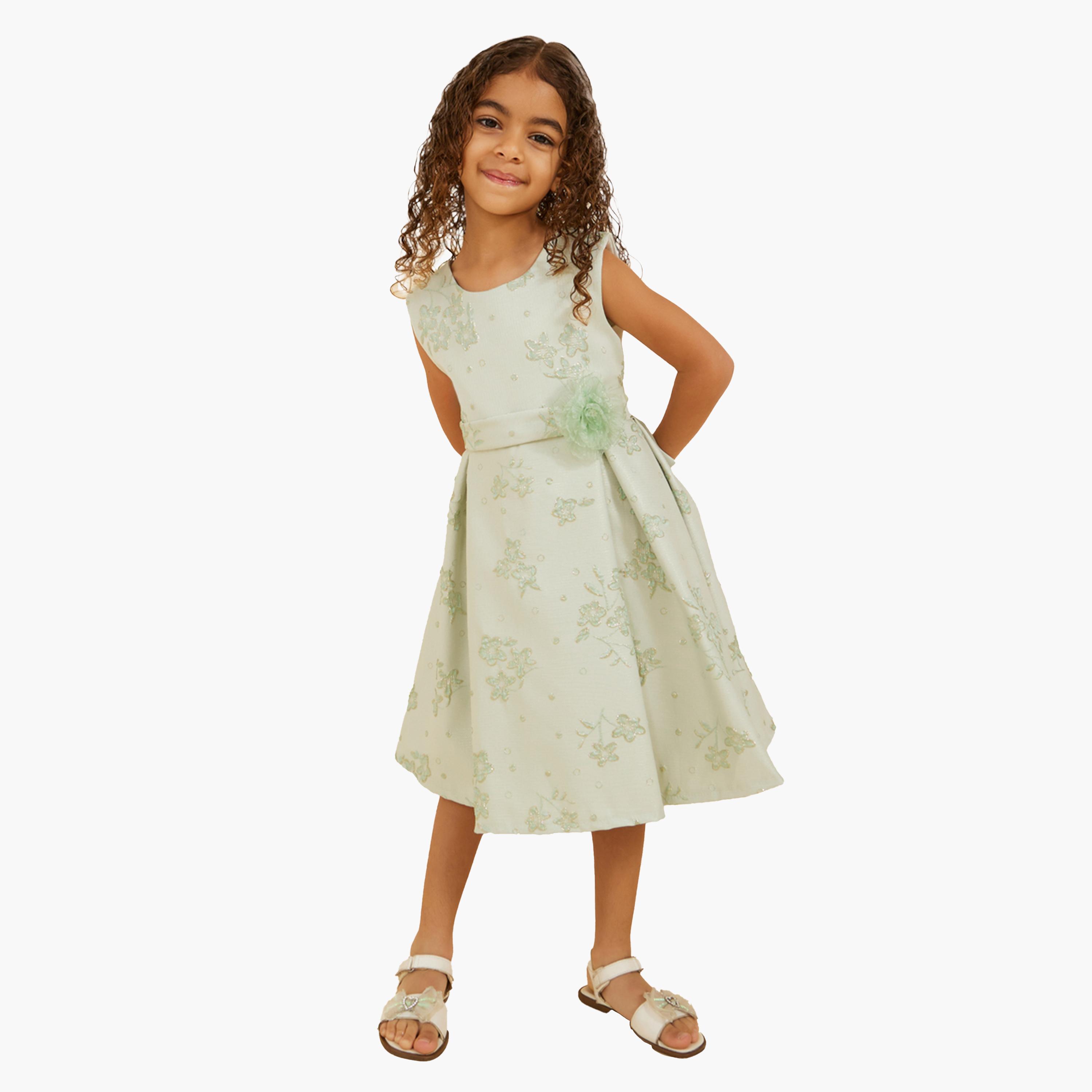 ستايلي-  فستان جاكار ياقة دائرية وبدون أكمام-girls-clothing-dressesandjumpsuits-image-2