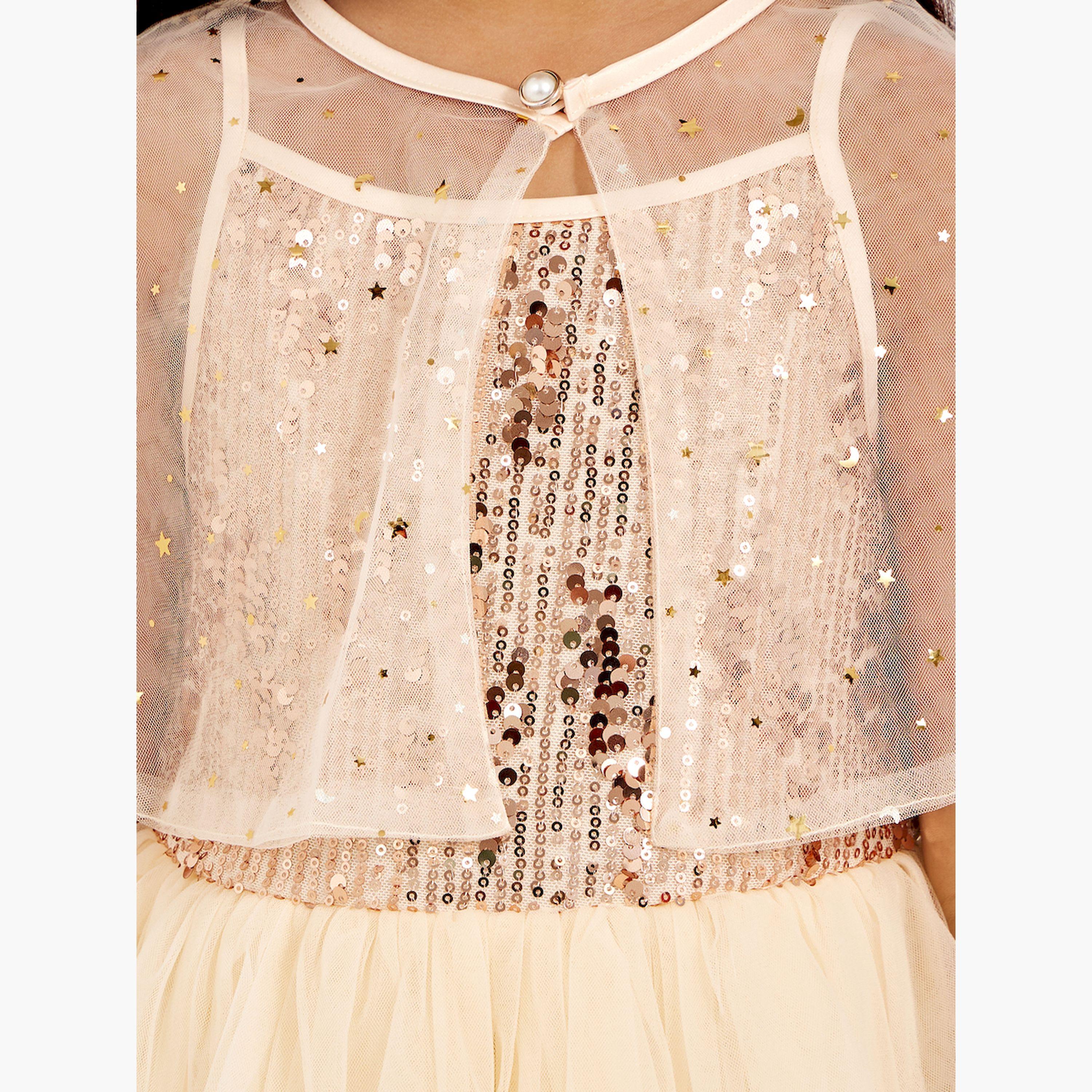 Styli Sequinned Layered Mesh Dress with Shrug-girls-clothing-dressesandjumpsuits-image-4