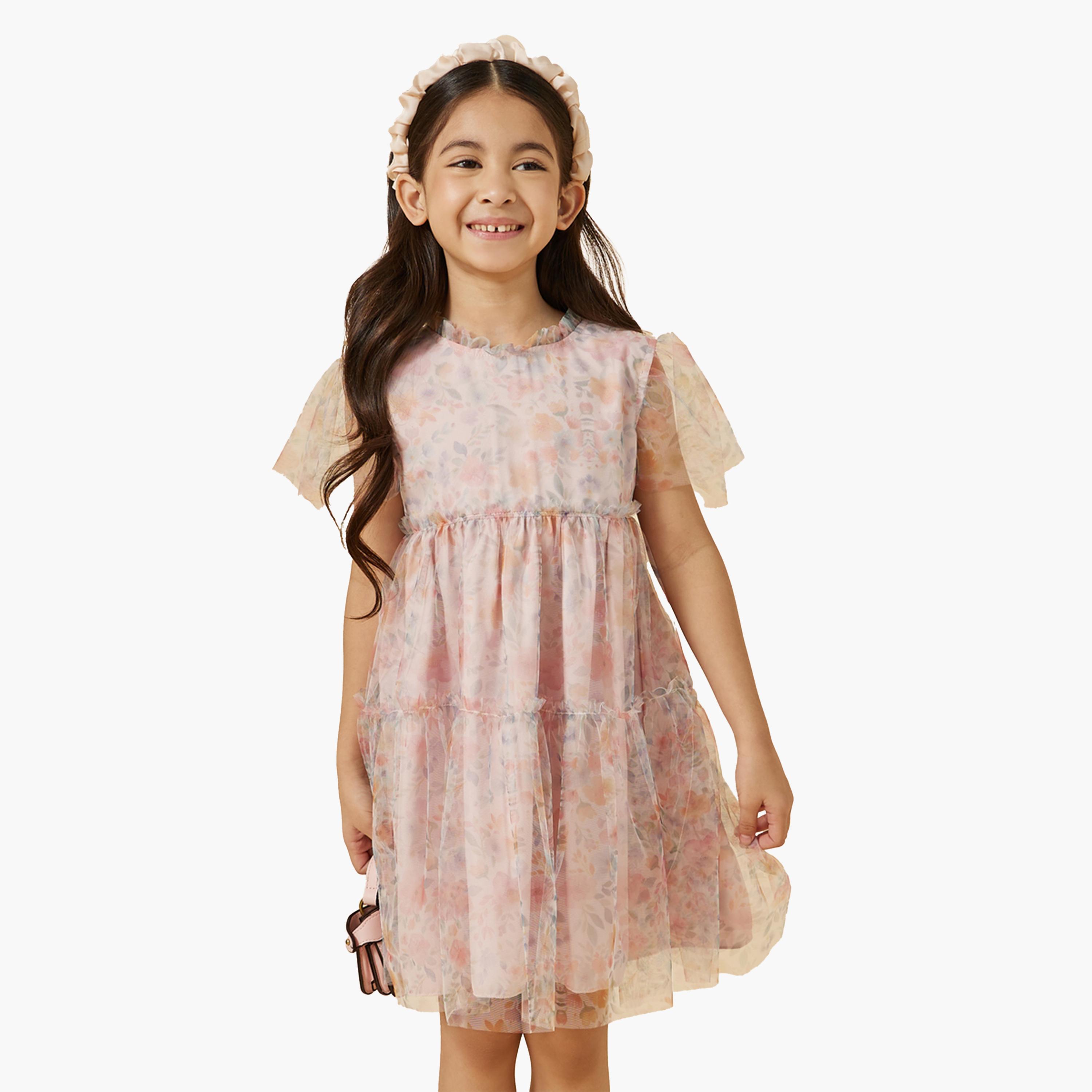 ستايلي-  فستان شبكي متعدد الطبقات بطبعة زهور-girls-clothing-dressesandjumpsuits-image-1